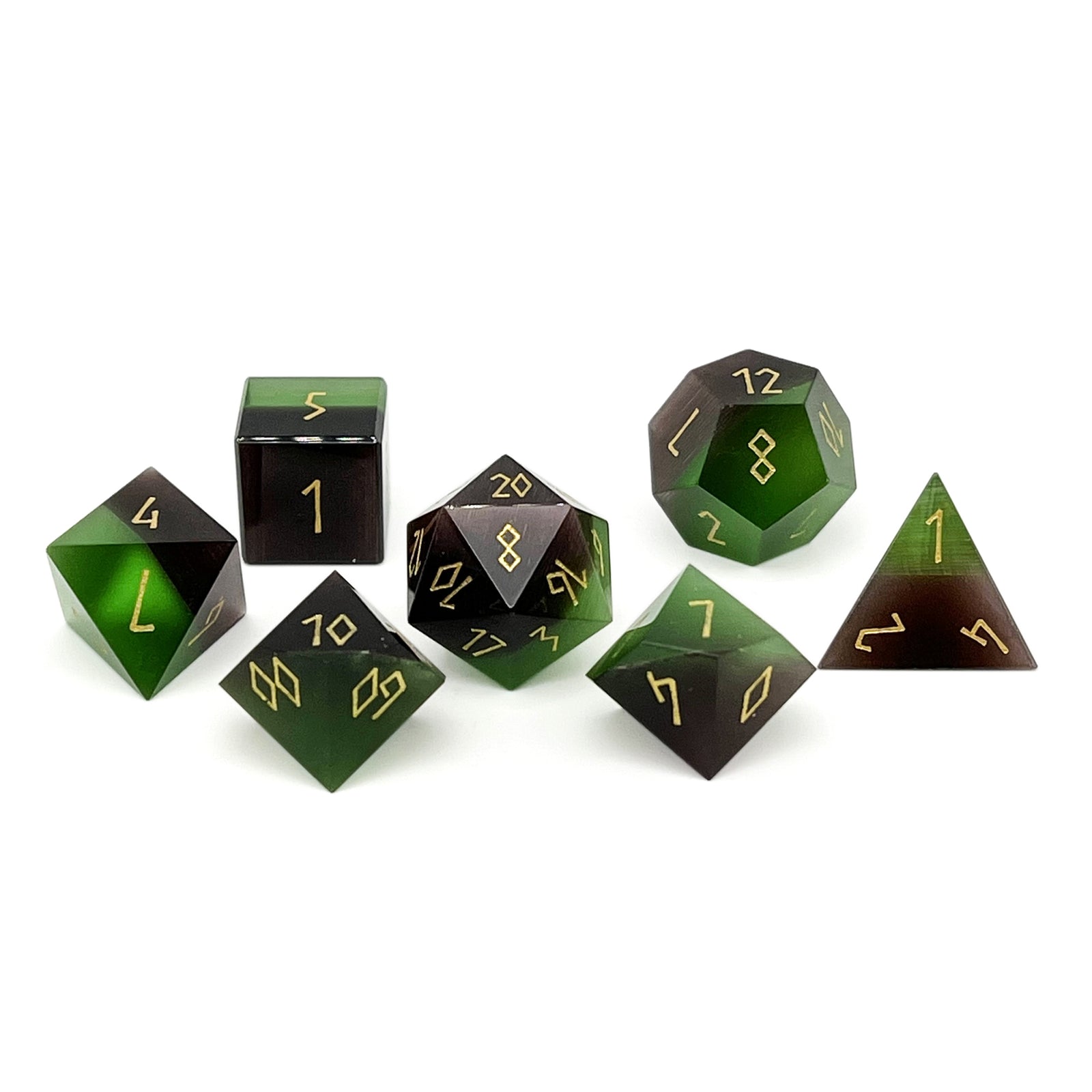 Split the Party - Purple and Green Cats Eye 7 Piece RPG Set Glass Dice