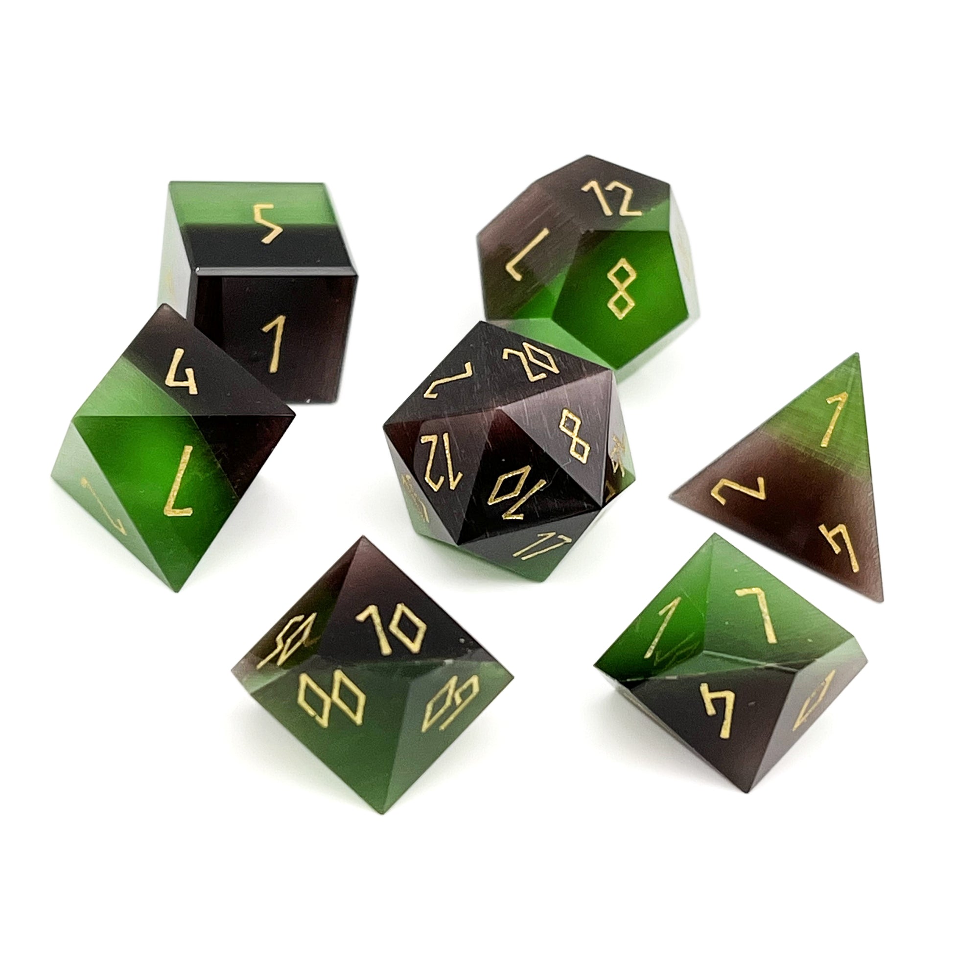Split the Party - Purple and Green Cats Eye 7 Piece RPG Set Glass Dice