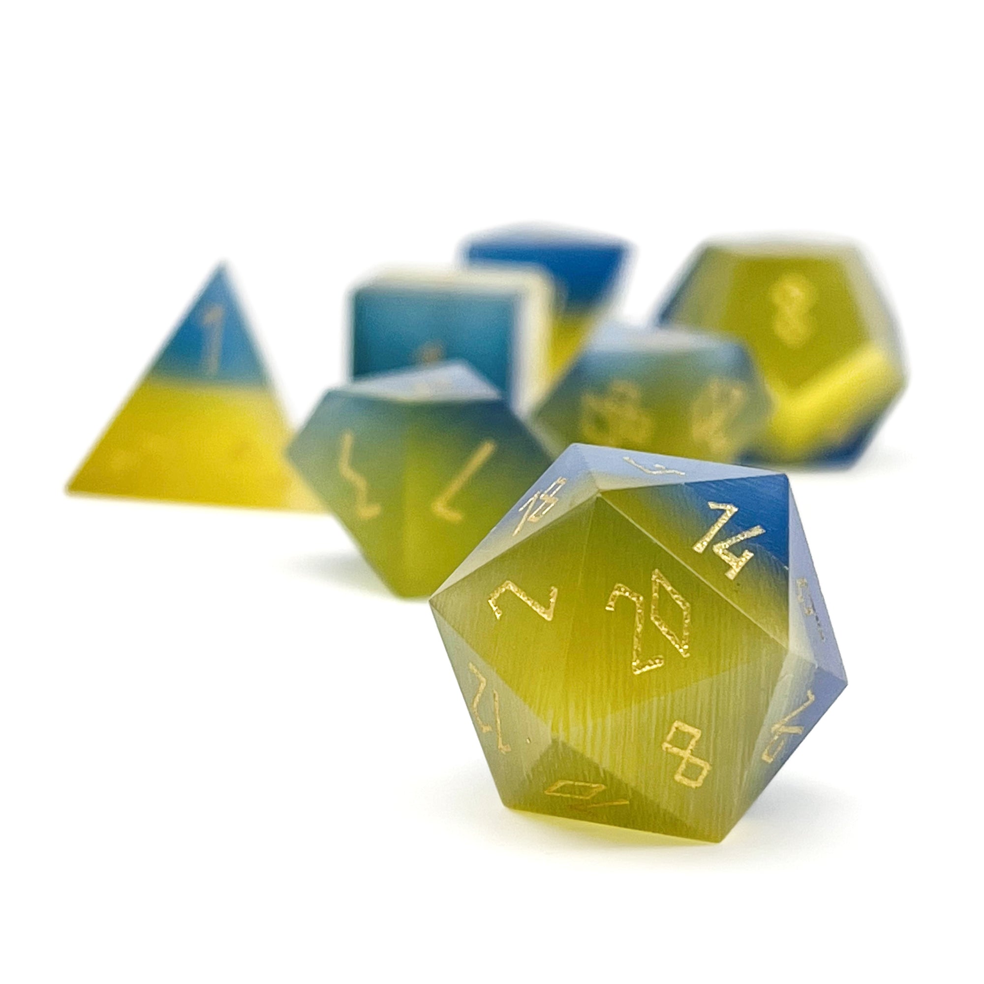 Split the Party - Blue and Yellow Cats Eye 7 Piece RPG Set Glass Dice