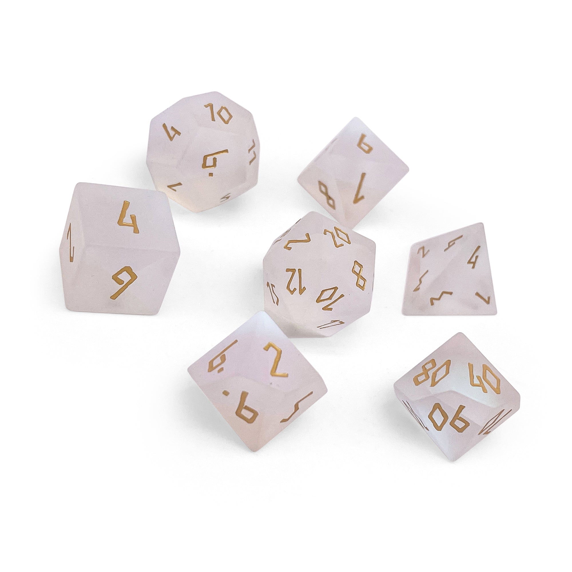Frosted K9 Rainbow Glass - Gold Font 7 Piece RPG Set K9 Glass Dice