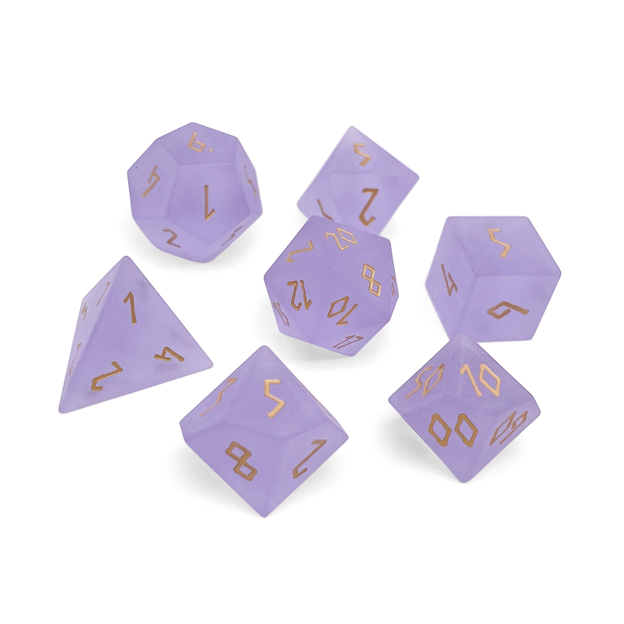 Frosted Amethyst - Gold Font 7 Piece RPG Set Zircon Glass Dice