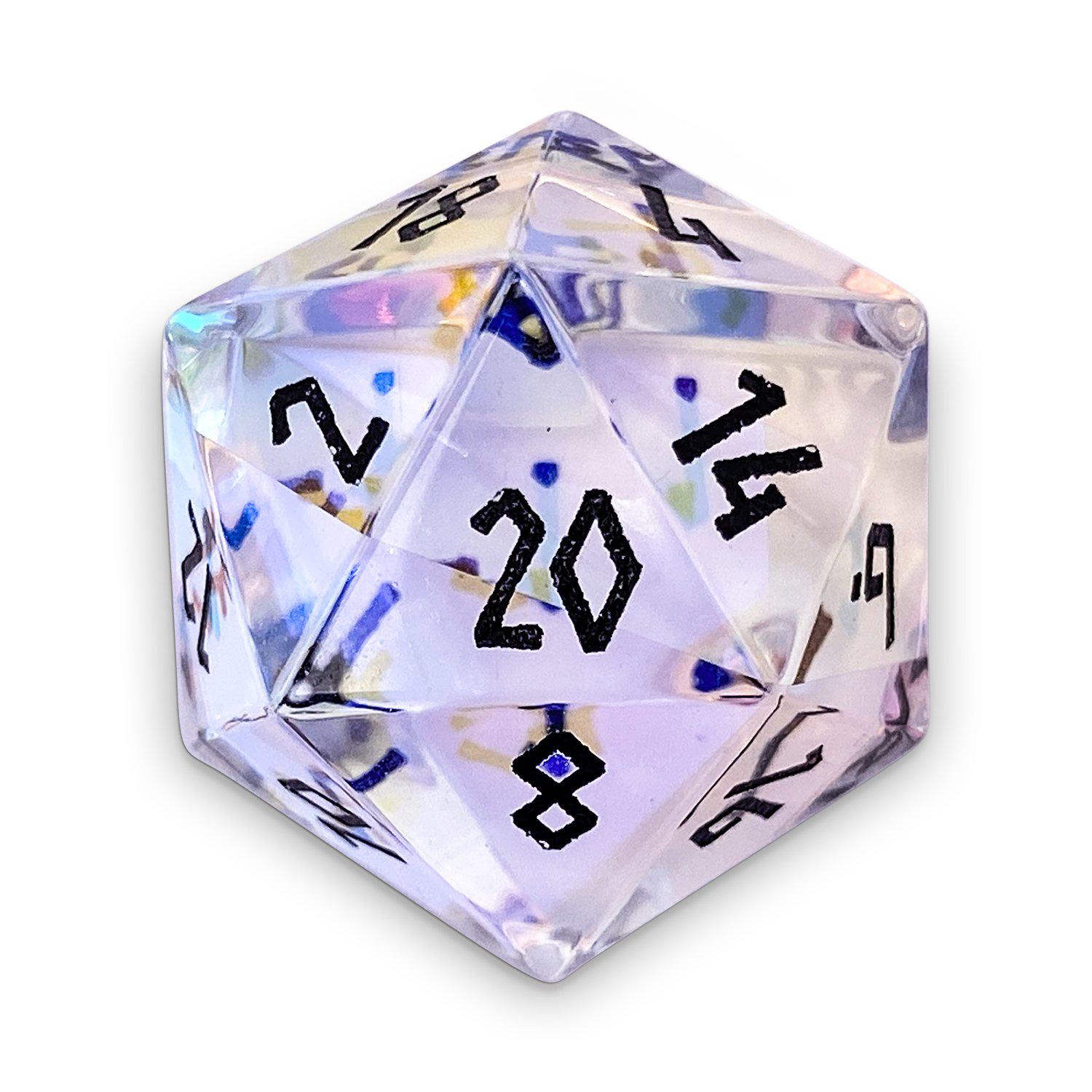 K9 Rainbow Glass - Single D20 Glass Dice-Glass Dice-Norse Foundry-Black Font-Norse Foundry-dungeons & dragons-d&d dice-rpg d20-glass d20-d&d-d20-perfect for tabletop rpgs