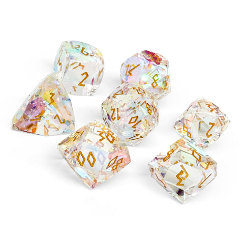 K9 Glass w/ Gold Font  - 7 Piece RPG Set Glass Wondrous Cut Dice