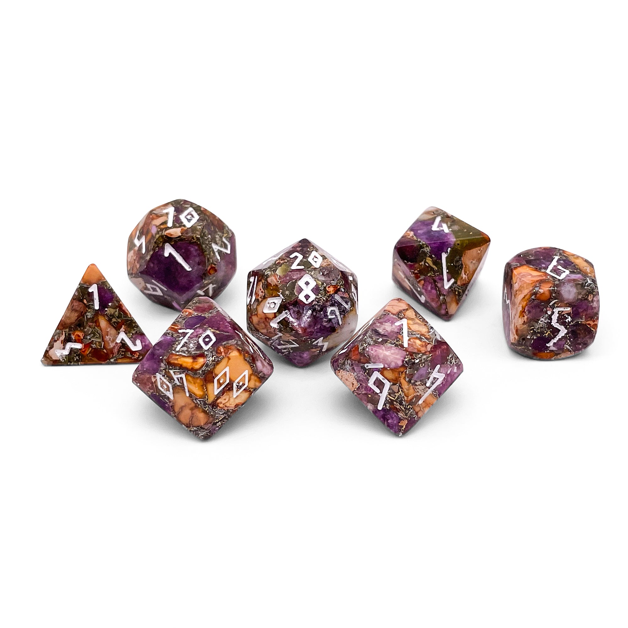 Lepidolite Orange Imperial Jasper - 7 Piece RPG Set TruStone Dice-TruStone Dice-Norse Foundry-Gemstone Dice-Dungeons and Dragons Dice-Gem Dice-DND Dice-Gaming Dice-Perfect for Tabletop RPGs-Dice Set