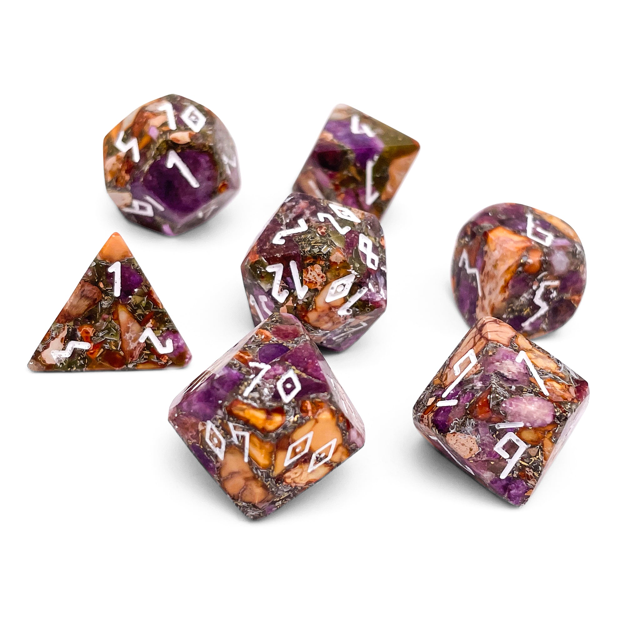 Lepidolite Orange Imperial Jasper - 7 Piece RPG Set TruStone Dice-TruStone Dice-Norse Foundry-Norse Foundry-gemstone dice-dungeons & dragons-d&d dice set-rpg dice set-gemstone dice set-d&d-perfect for tabletop rpgs