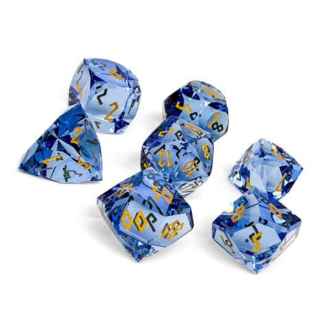 Light Blue Zircon w/ Gold Font  - 7 Piece RPG Set Glass Wondrous Cut Dice