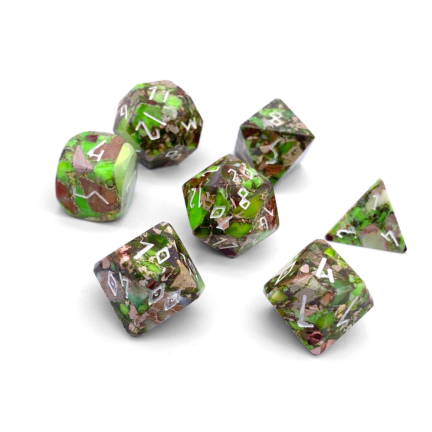 Lime Green Imperial Jasper - 7 Piece RPG Set TruStone Dice-TruStone Dice-Norse Foundry-Gemstone Dice-Dungeons & Dragons Dice-Gem Dice-DnD Dice-Gaming Dice-Perfect for Tabletop RPGs-Dice Set
