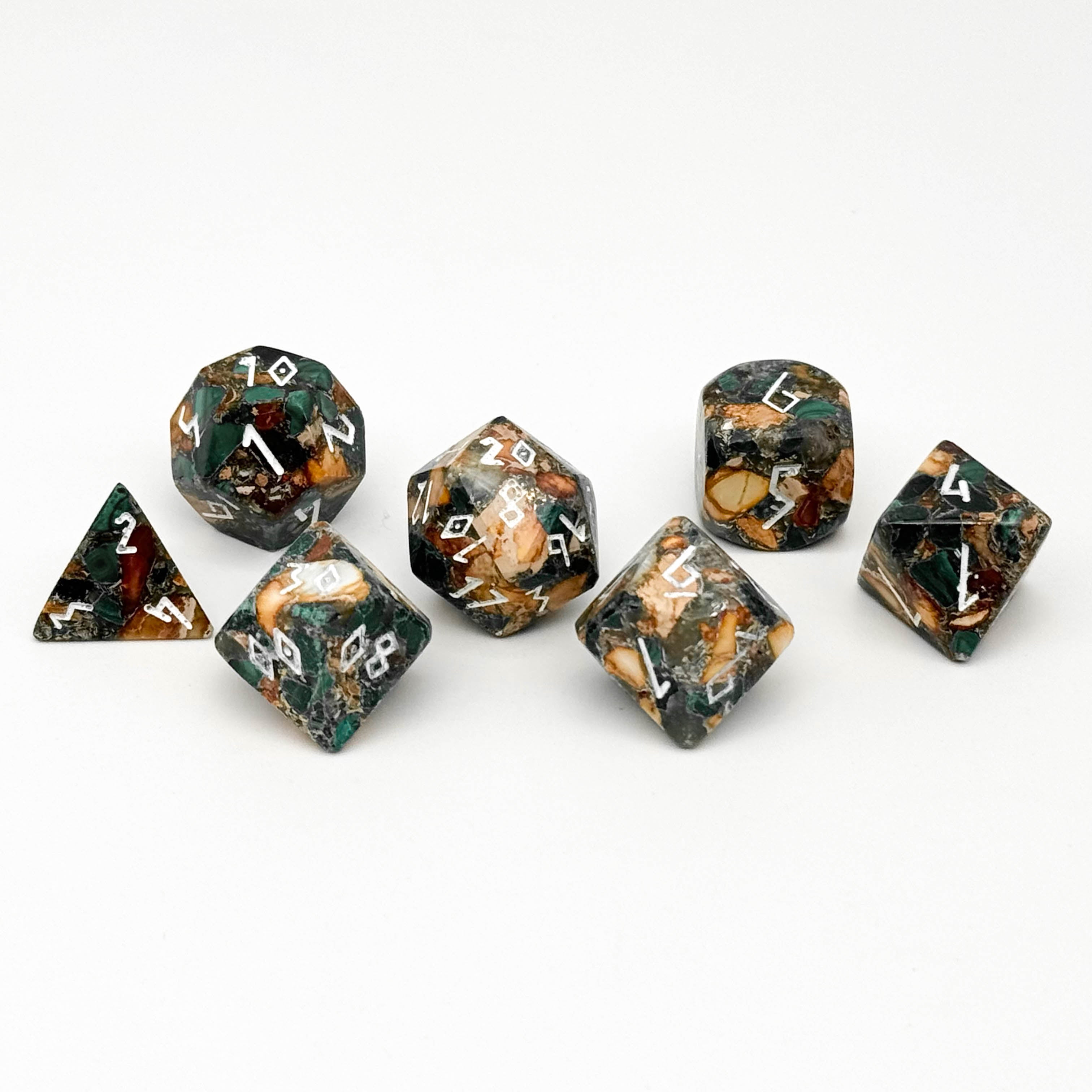 Malachite Orange Imperial Jasper- 7 Piece RPG Set TruStone Dice-TruStone Dice-Norse Foundry-Gemstone Dice-Dungeons & Dragons Dice-Gem Dice-DnD Dice-Gaming Dice-Perfect for Tabletop RPGs-Dice Set