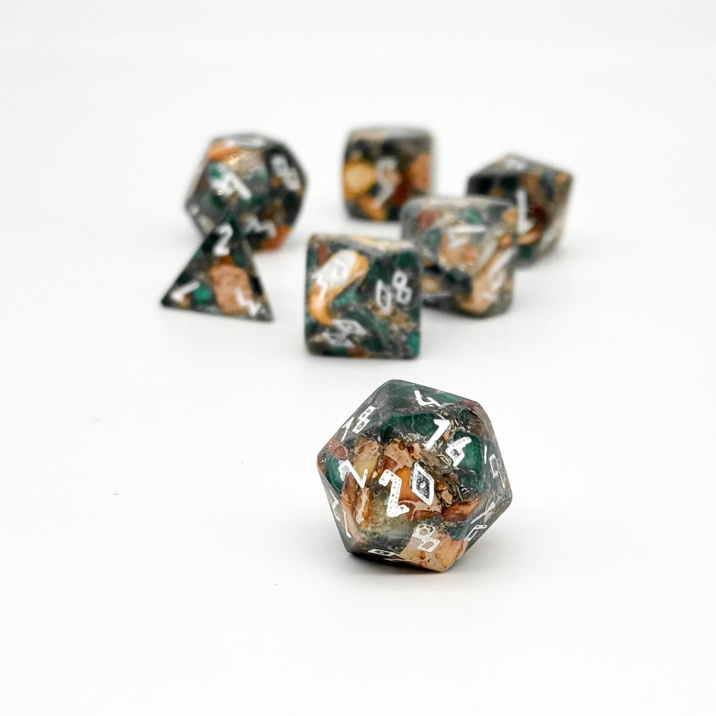 Malachite Orange Imperial Jasper- 7 Piece RPG Set TruStone Dice-TruStone Dice-Norse Foundry-Gemstone Dice-Dungeons & Dragons Dice-Gem Dice-DnD Dice-Gaming Dice-Perfect for Tabletop RPGs-Dice Set
