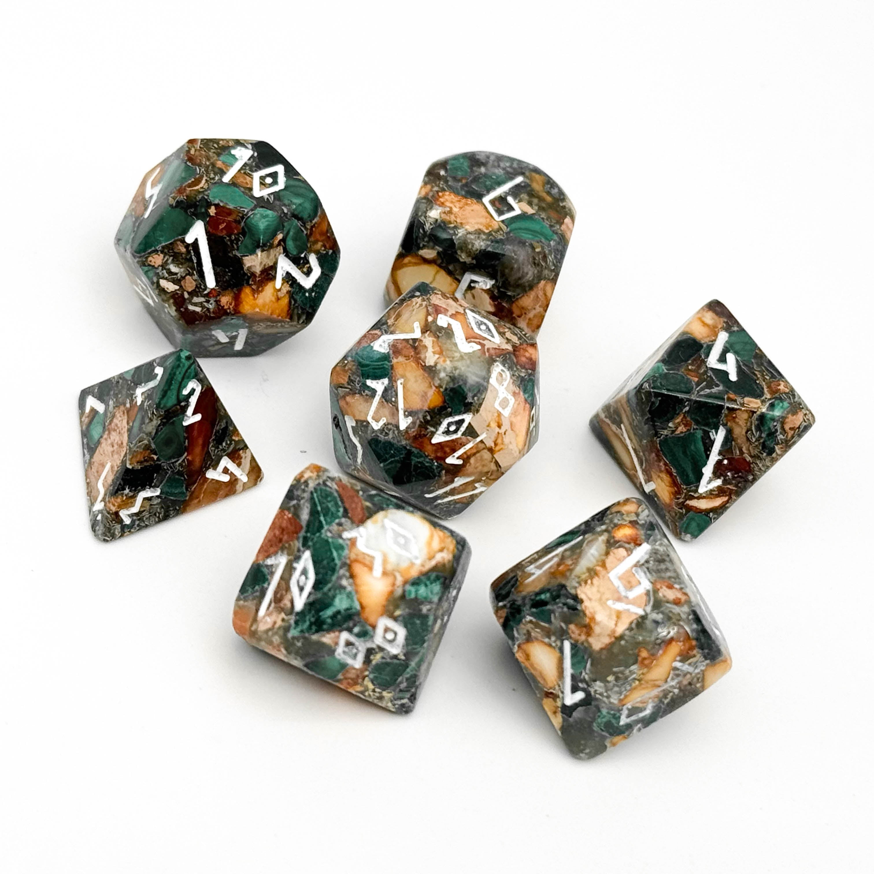 Malachite Orange Imperial Jasper- 7 Piece RPG Set TruStone Dice-TruStone Dice-Norse Foundry-Gemstone Dice-Dungeons & Dragons Dice-Gem Dice-DnD Dice-Gaming Dice-Perfect for Tabletop RPGs-Dice Set