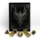 Storybook dice set with a dragon design on the cover, featuring gold and purple dice.