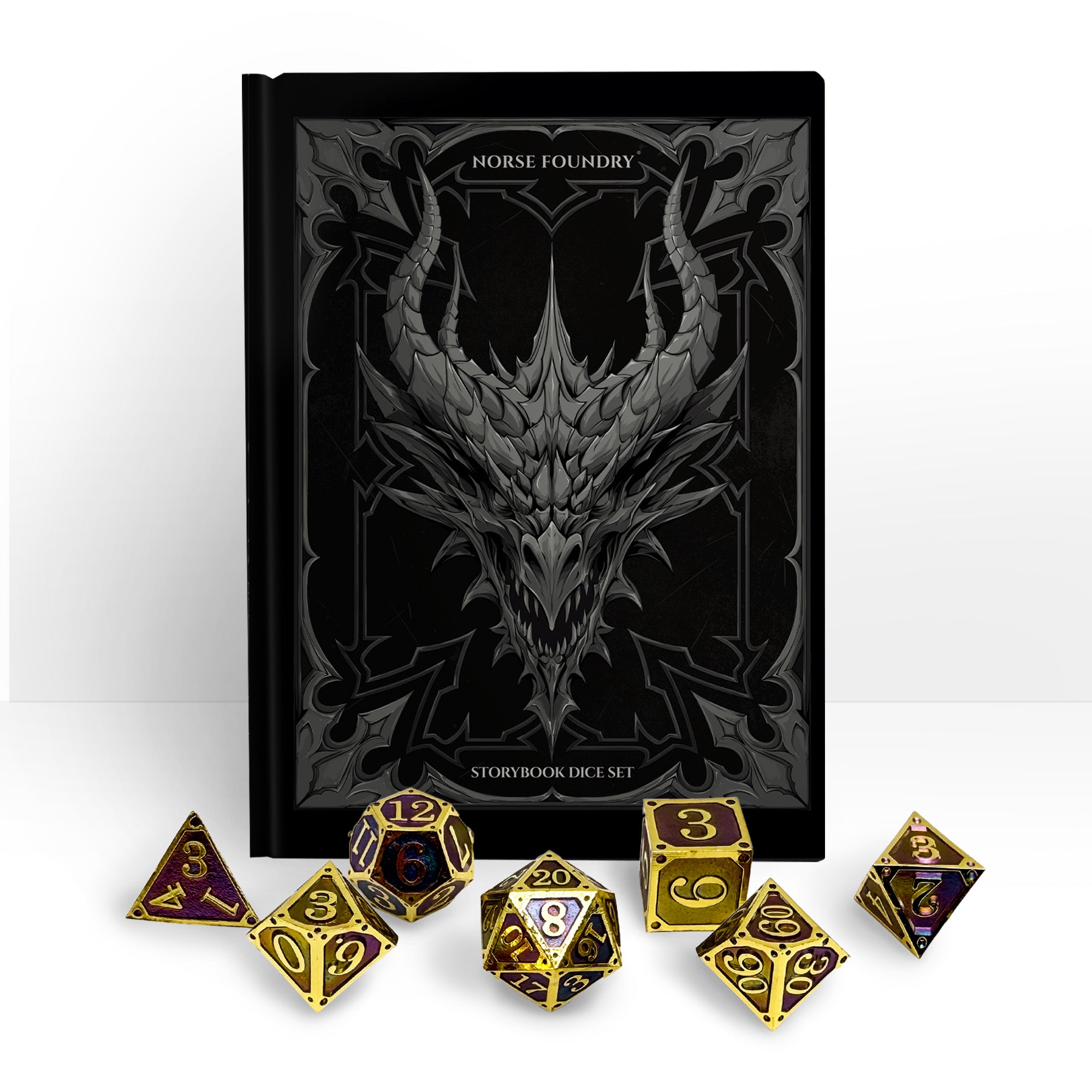 Storybook dice set with a dragon design on the cover, featuring gold and purple dice.