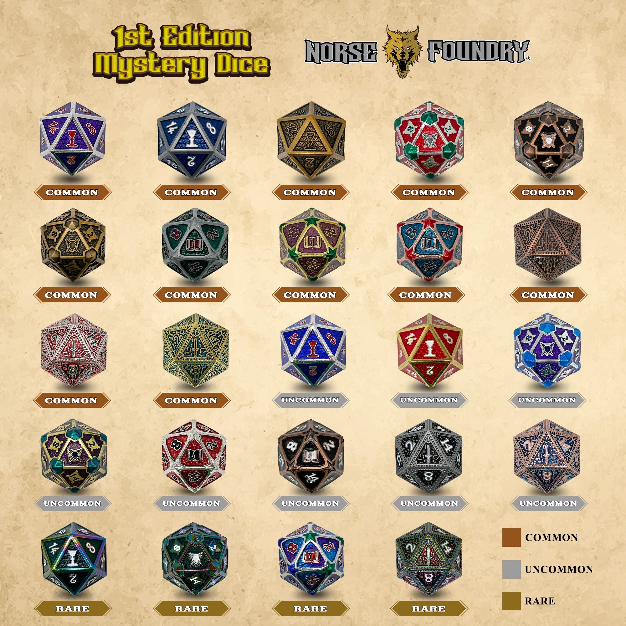 Mystery Dice 1st Edition-Alloy Dice-Norse Foundry-d20-dice-dungeons and dragons-dnd-d&d d20-dungeons & dragons-mystery deal