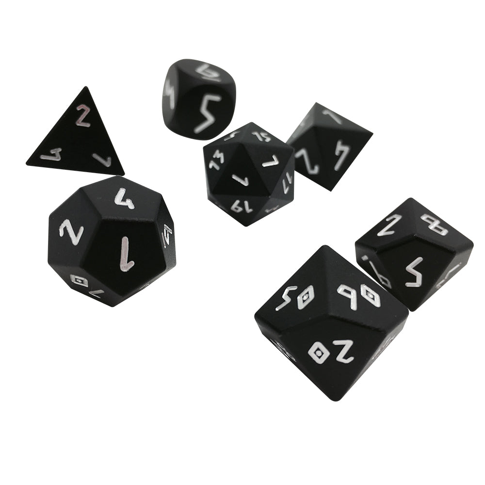 Night Black - 7 Piece RPG Set 6063 Aluminum Dice-Aluminum Dice-Norse Foundry-Norse Font-Norse Foundry-aluminum dice-dungeons & dragons-d&d dice set-rpg dice set-aluminum d&d dice set-d&d-lightweight-perfect for tabletop rpgs
