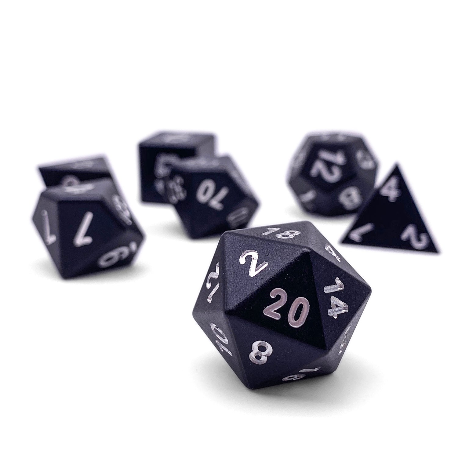 Night Black - 7 Piece RPG Set 6063 Aluminum Dice-Aluminum Dice-Norse Foundry-Regular Font-Norse Foundry-aluminum dice-dungeons & dragons-d&d dice set-rpg dice set-aluminum d&d dice set-d&d-lightweight-perfect for tabletop rpgs