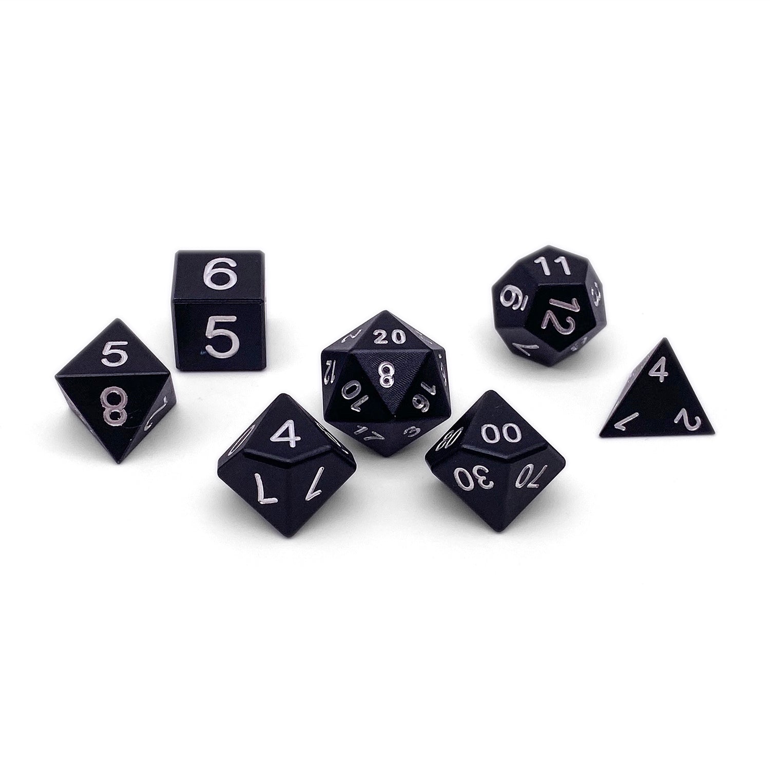 Night Black - 7 Piece RPG Set 6063 Aluminum Dice-Aluminum Dice-Norse Foundry-Norse Foundry-aluminum dice-dungeons & dragons-d&d dice set-rpg dice set-aluminum d&d dice set-d&d-lightweight-perfect for tabletop rpgs