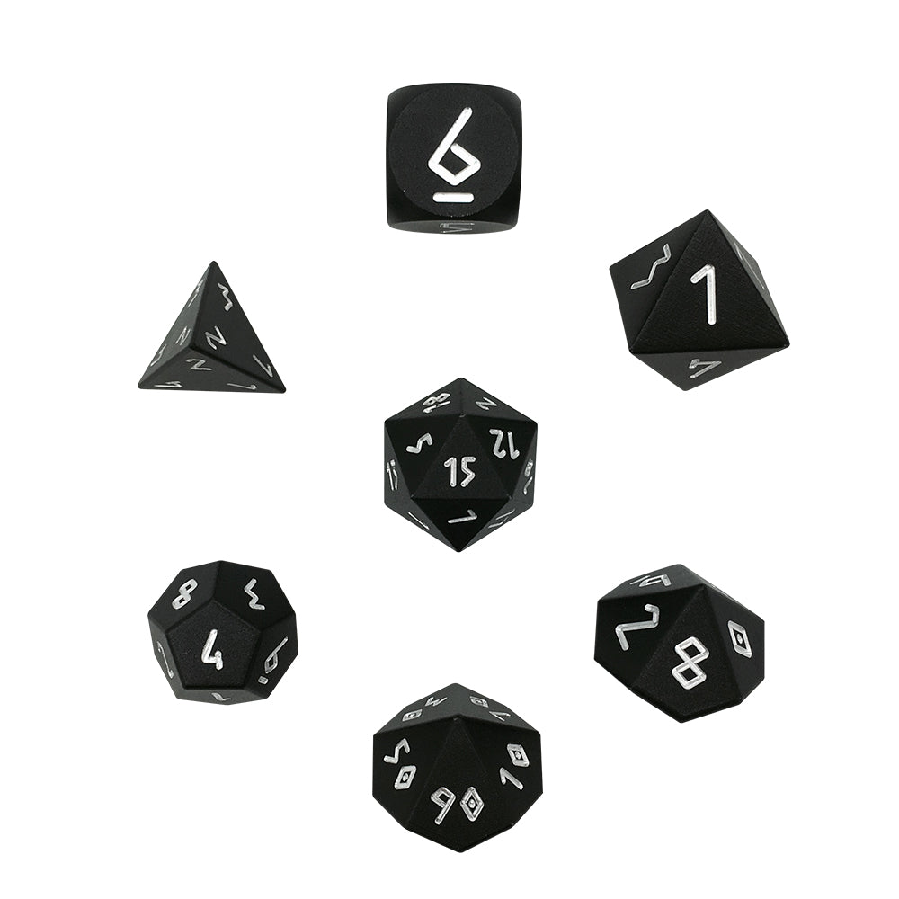 Night Black - 7 Piece RPG Set 6063 Aluminum Dice-Aluminum Dice-Norse Foundry-Norse Foundry-aluminum dice-dungeons & dragons-d&d dice set-rpg dice set-aluminum d&d dice set-d&d-lightweight-perfect for tabletop rpgs