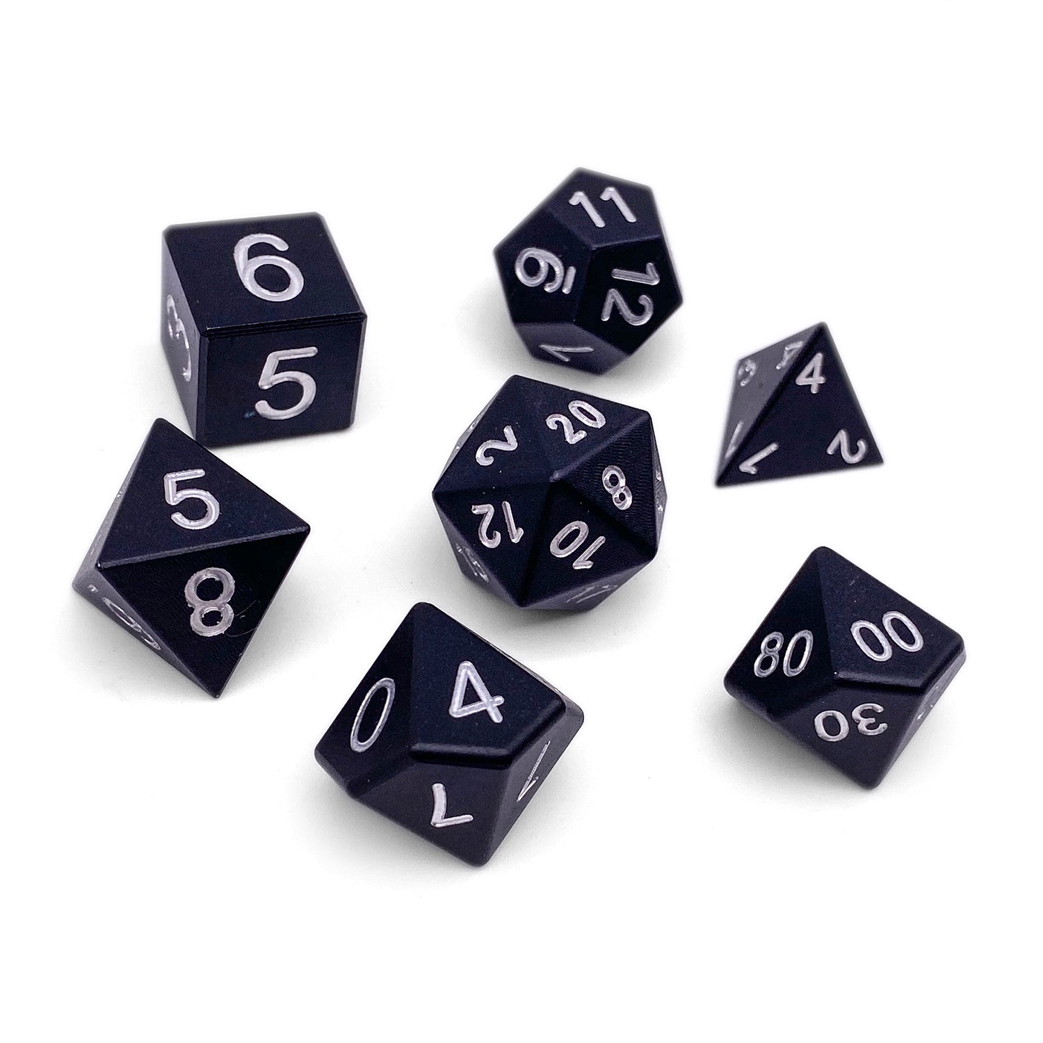 Night Black - 7 Piece RPG Set 6063 Aluminum Dice-Aluminum Dice-Norse Foundry-Norse Foundry-aluminum dice-dungeons & dragons-d&d dice set-rpg dice set-aluminum d&d dice set-d&d-lightweight-perfect for tabletop rpgs
