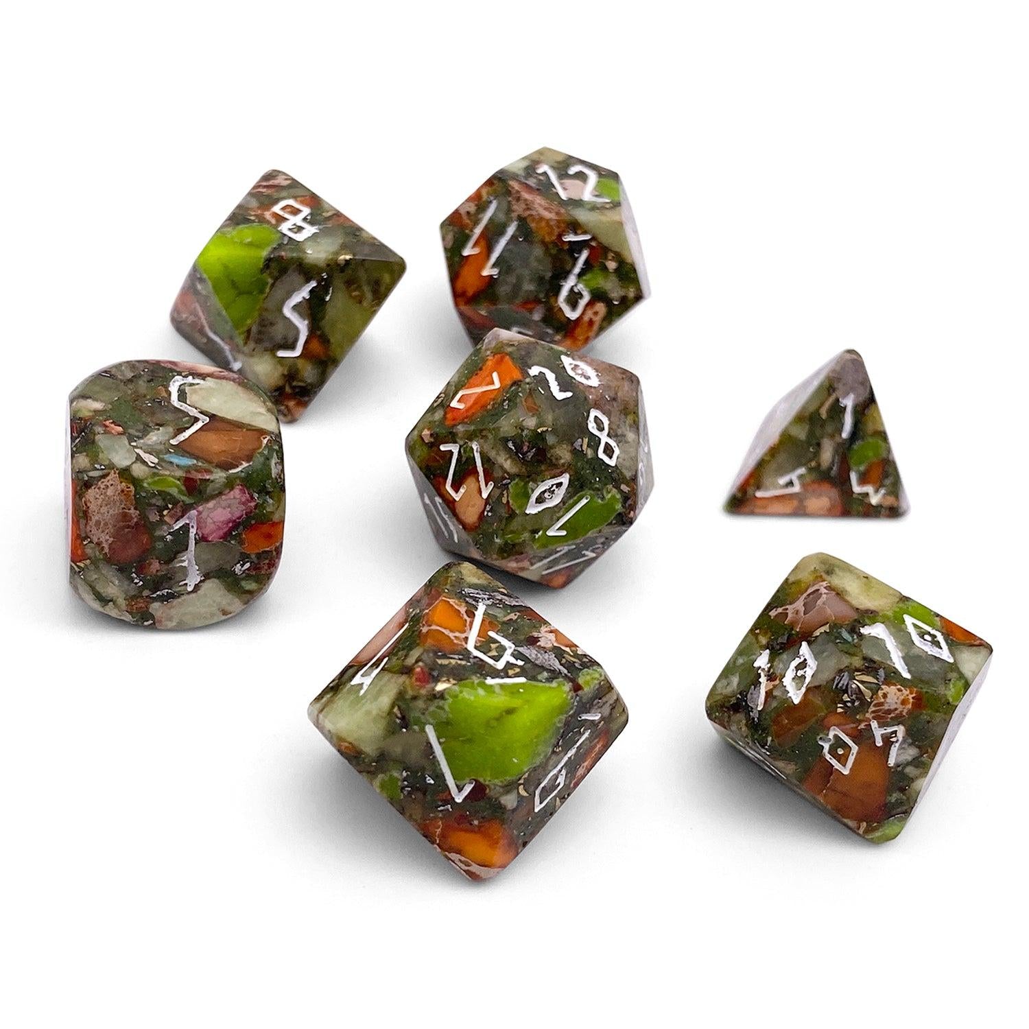 Olivine Orange Imperial Jasper with Brass- 7 Piece RPG Set TruStone Dice-TruStone Dice-Norse Foundry-Gemstone Dice-Dungeons and Dragons Dice-Gem Dice-DND Dice-Gaming Dice-Perfect for Tabletop RPGs-Dice Set