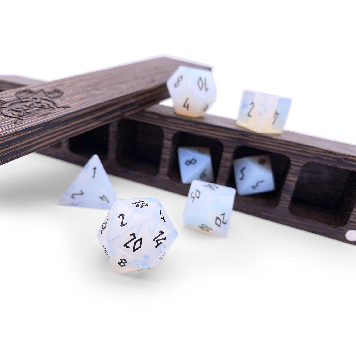 Opalite - Black Font 7 Piece RPG Set Gemstone Dice-Gemstone Dice-Norse Foundry-Gemstone Dice-Dungeons & Dragons Dice-Gem Dice-DnD Dice-Gaming Dice-Perfect for Tabletop RPGs-Dice Set