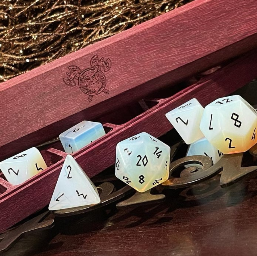 Opalite - Black Font 7 Piece RPG Set Gemstone Dice-Gemstone Dice-Norse Foundry-Gemstone Dice-Dungeons & Dragons Dice-Gem Dice-DnD Dice-Gaming Dice-Perfect for Tabletop RPGs-Dice Set