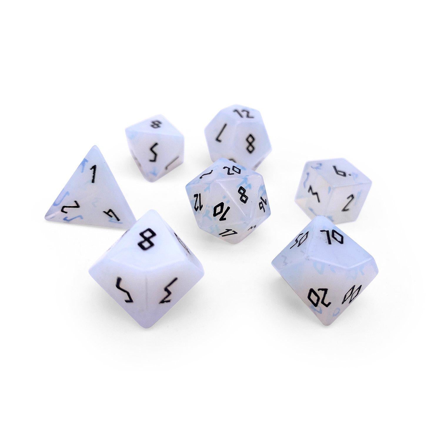 Opalite - Black Font 7 Piece RPG Set Gemstone Dice-Gemstone Dice-Norse Foundry-Gemstone Dice-Dungeons & Dragons Dice-Gem Dice-DnD Dice-Gaming Dice-Perfect for Tabletop RPGs-Dice Set