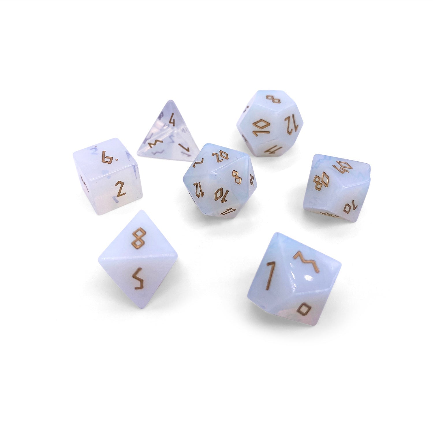 Opalite - Gold Font 7 Piece RPG Set Gemstone Dice-Gemstone Dice-Norse Foundry-Gemstone Dice-Dungeons & Dragons Dice-Gem Dice-D&D Dice-Gaming Dice-Perfect for Tabletop RPGs-Dice Set