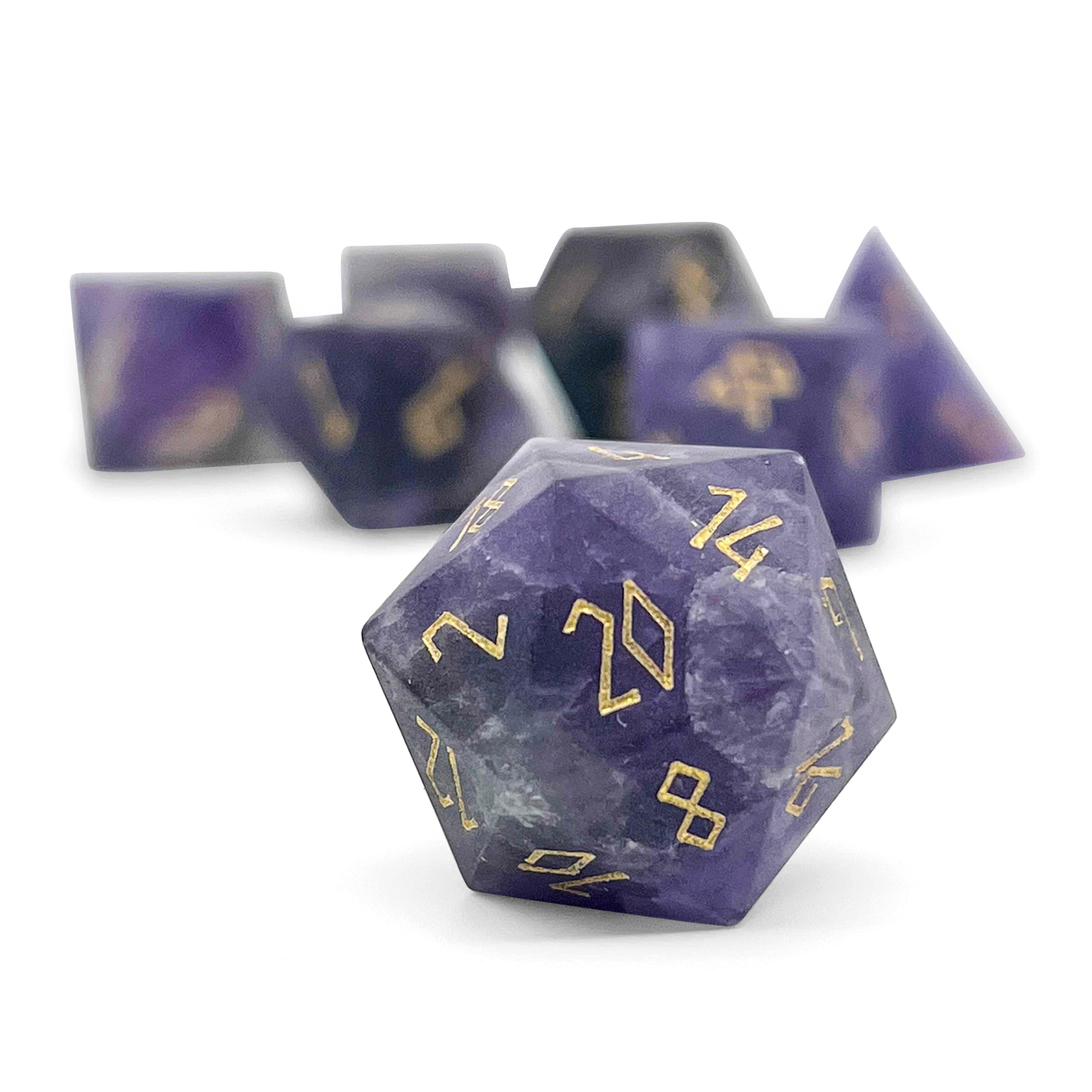 Amethyst - Frosted Gold Font 7 Piece RPG Set Gemstone Dice