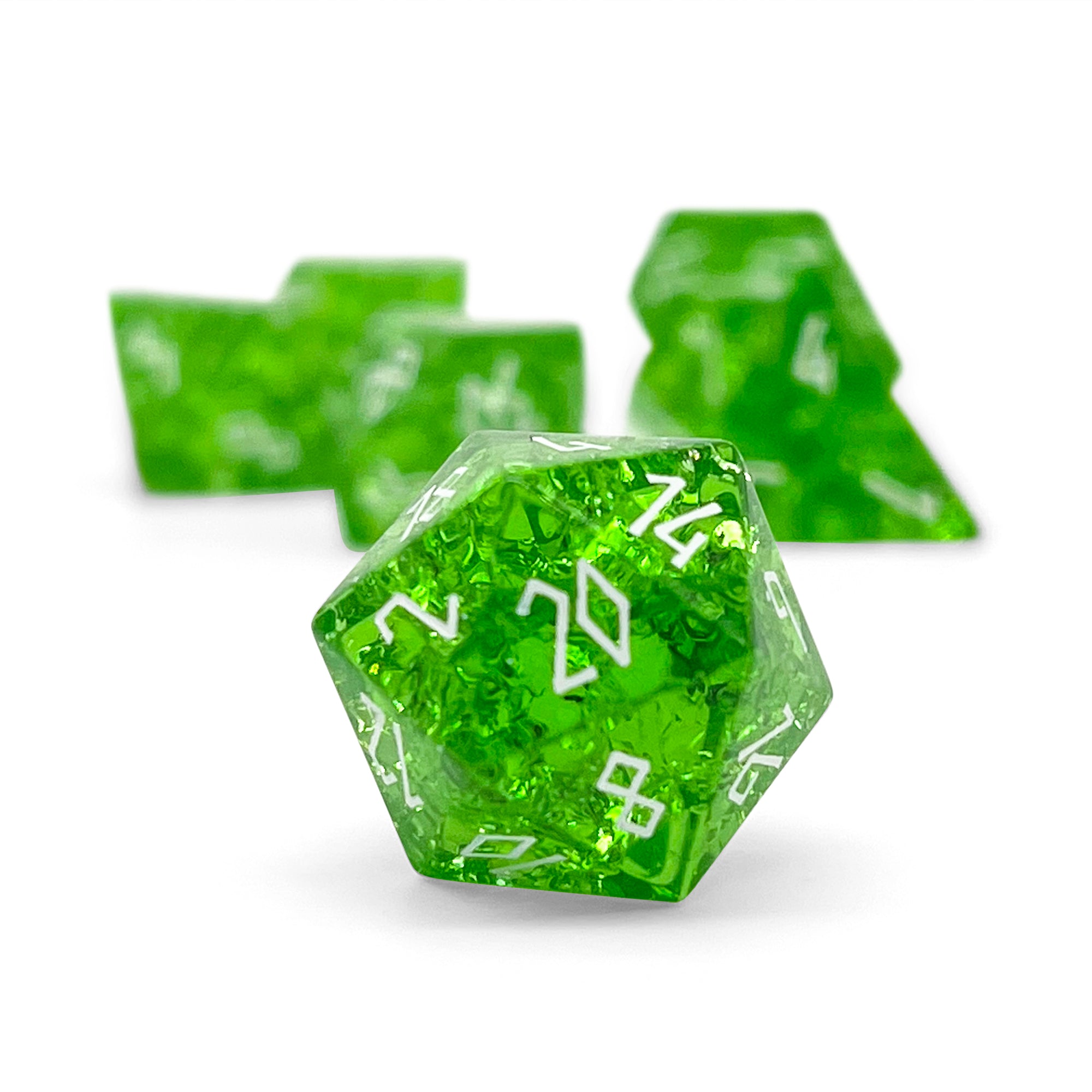 Shattered Zircon Emerald - White Font 7 Piece RPG Set Zircon Glass Dice