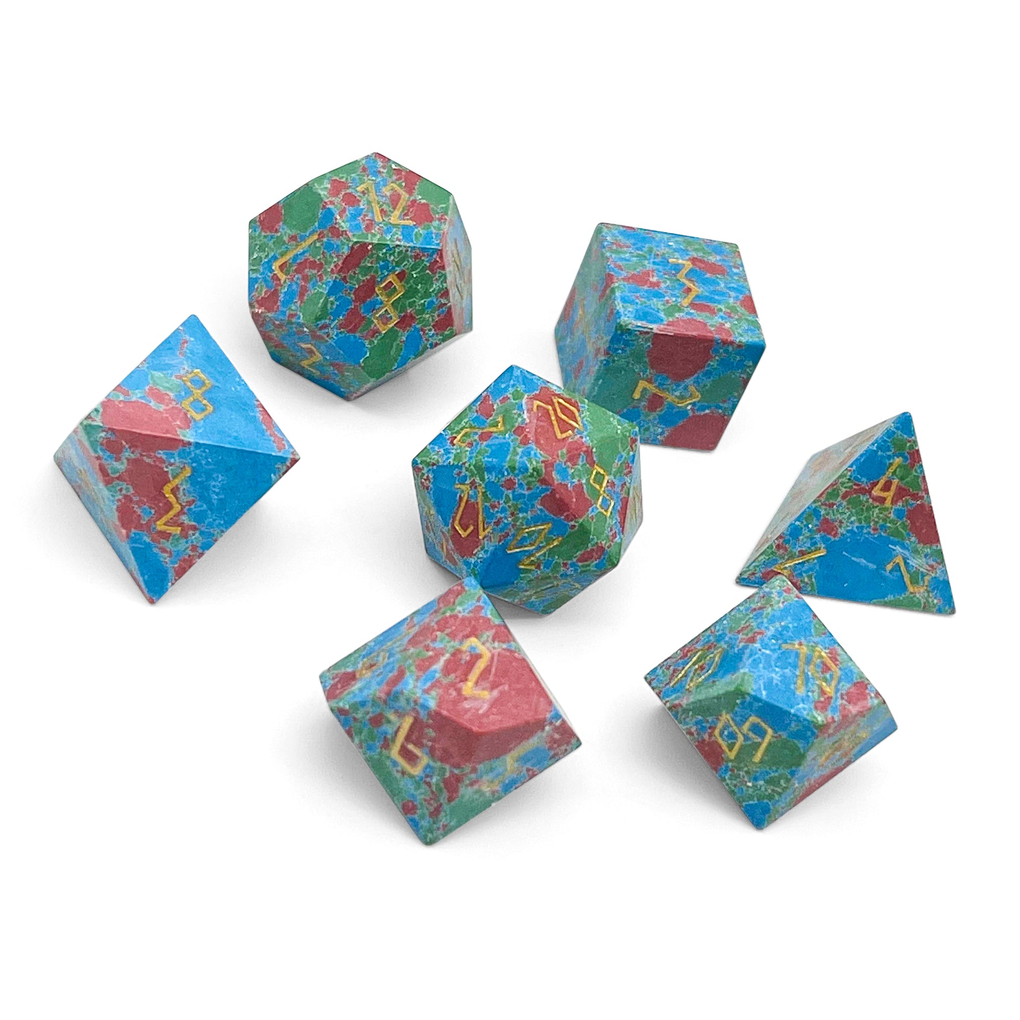 Red, Green, and Blue Splotted Turquoise - 7 Piece RPG Set TruStone Dice