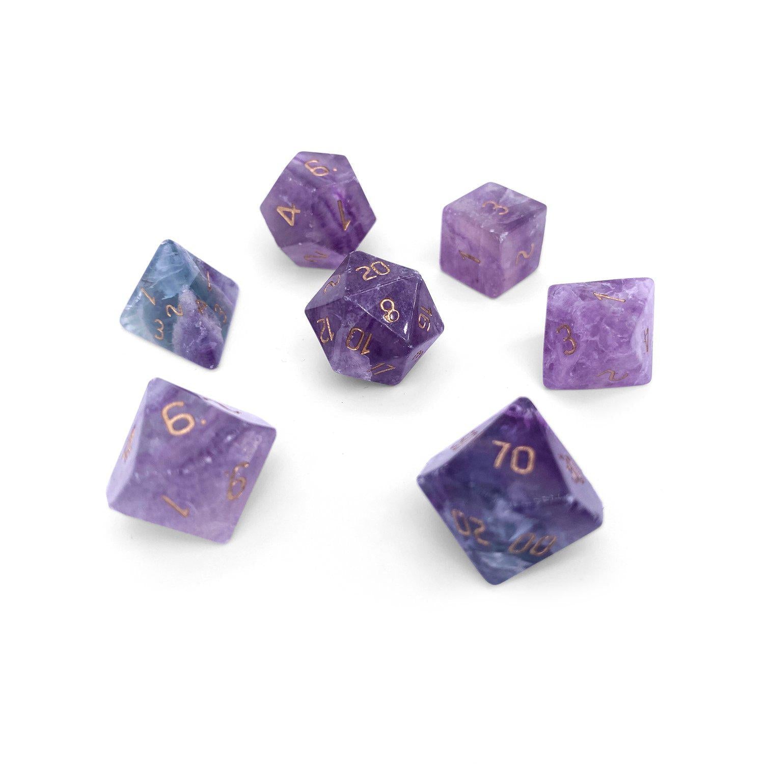 Purple Fluorite - 7 Piece RPG Set Gemstone Dice - NOR 01009
