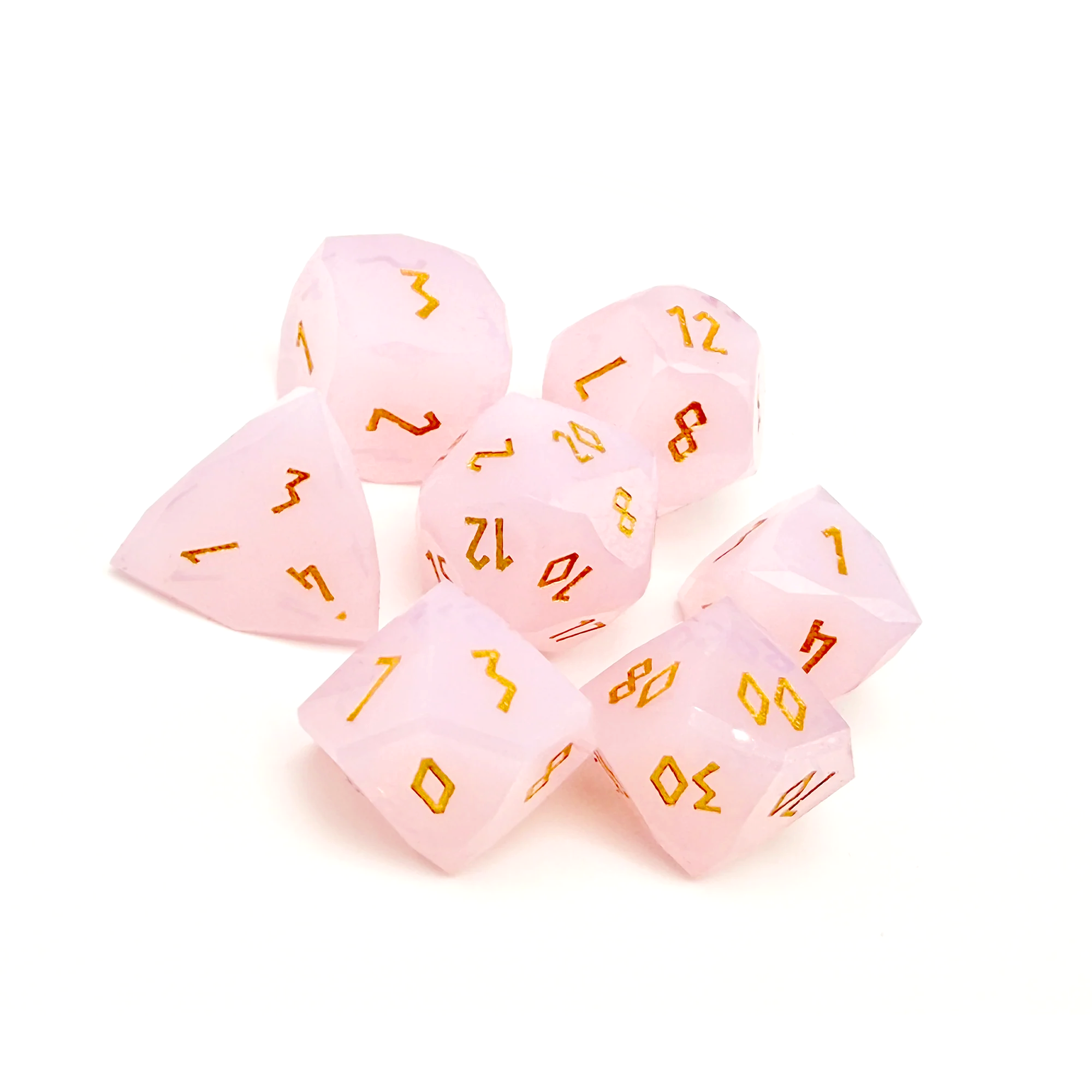 Pink Opalite w/ Gold Font – 7 Piece RPG Set Gemstone Wondrous Cut Dice – Norse Foundry – Gemstone Dice – Dungeons & Dragons Dice – DnD Dice – Gaming Dice – Perfect for Tabletop RPGs – Dice Set