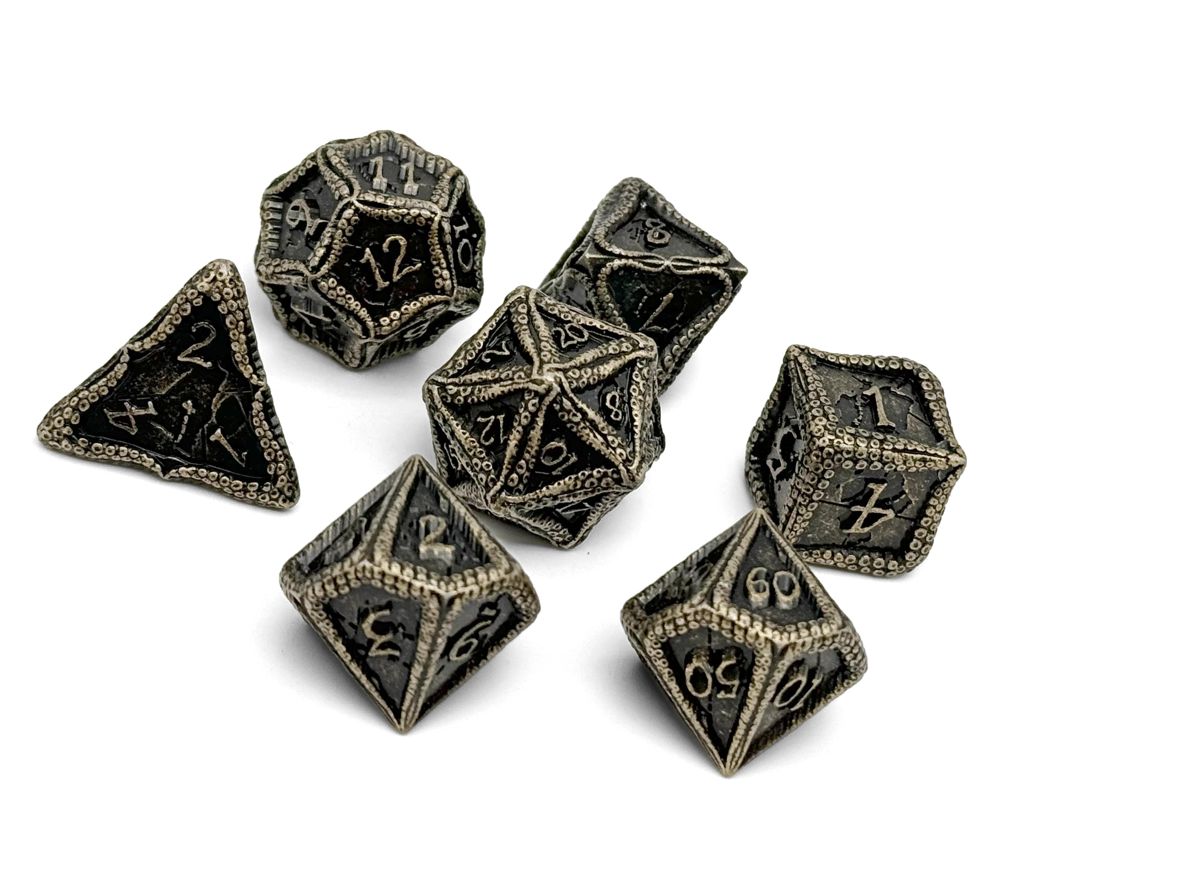 Pirate Dice - Pieces of 8 7 Piece RPG set Alloy Metal Dice-Metal - Zinc Alloy Dice-Norse Foundry-Norse Foundry-dungeons & dragons-d&d dice set-rpg dice set-d20-metal dice set-d&d-treasure chest tin-perfect for tabletop rpgs