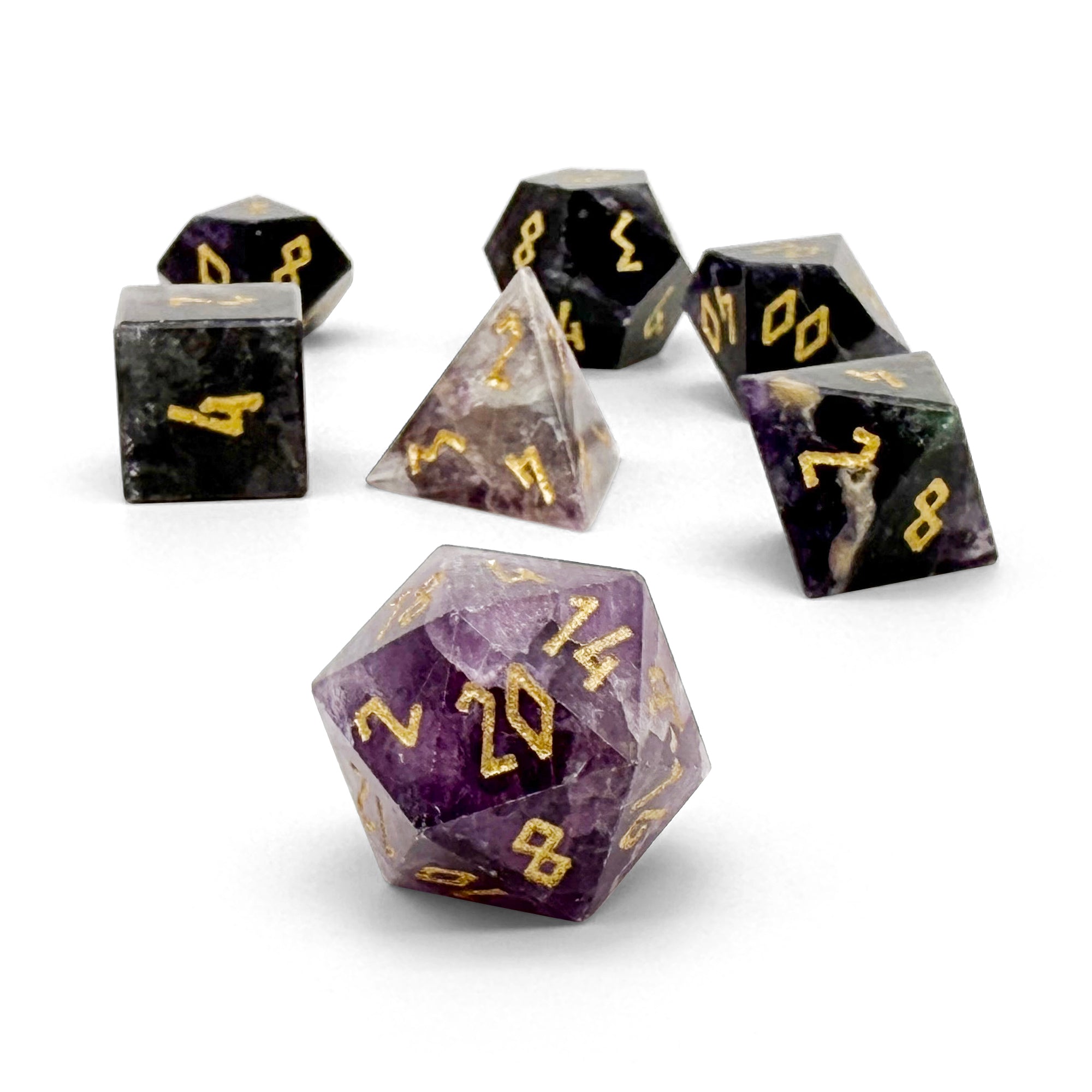 Purple Fluorite - 7 Piece RPG Set Gemstone Dice-Gemstone Dice-Norse Foundry-Gemstone Dice-Dungeons and Dragons Dice-Gem Dice-DND Dice-Gaming Dice-Perfect for Tabletop RPGs-Dice Set