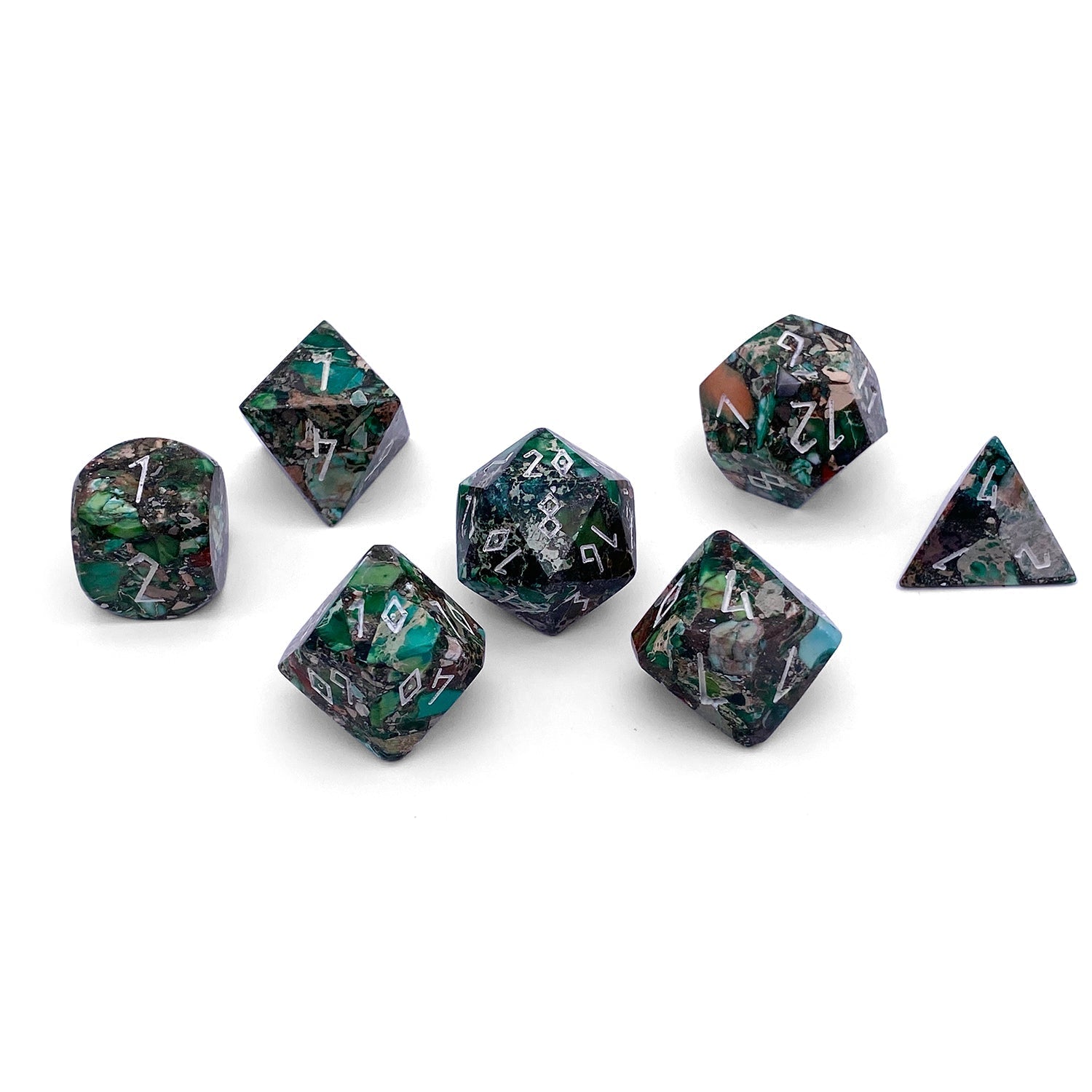 Pyrite Green Imperial Jasper - 7 Piece RPG Set TruStone Dice-TruStone Dice-Norse Foundry-Gemstone Dice-Dungeons and Dragons Dice-Gem Dice-D&D Dice-Gaming Dice-Perfect for Tabletop RPGs-Dice Set
