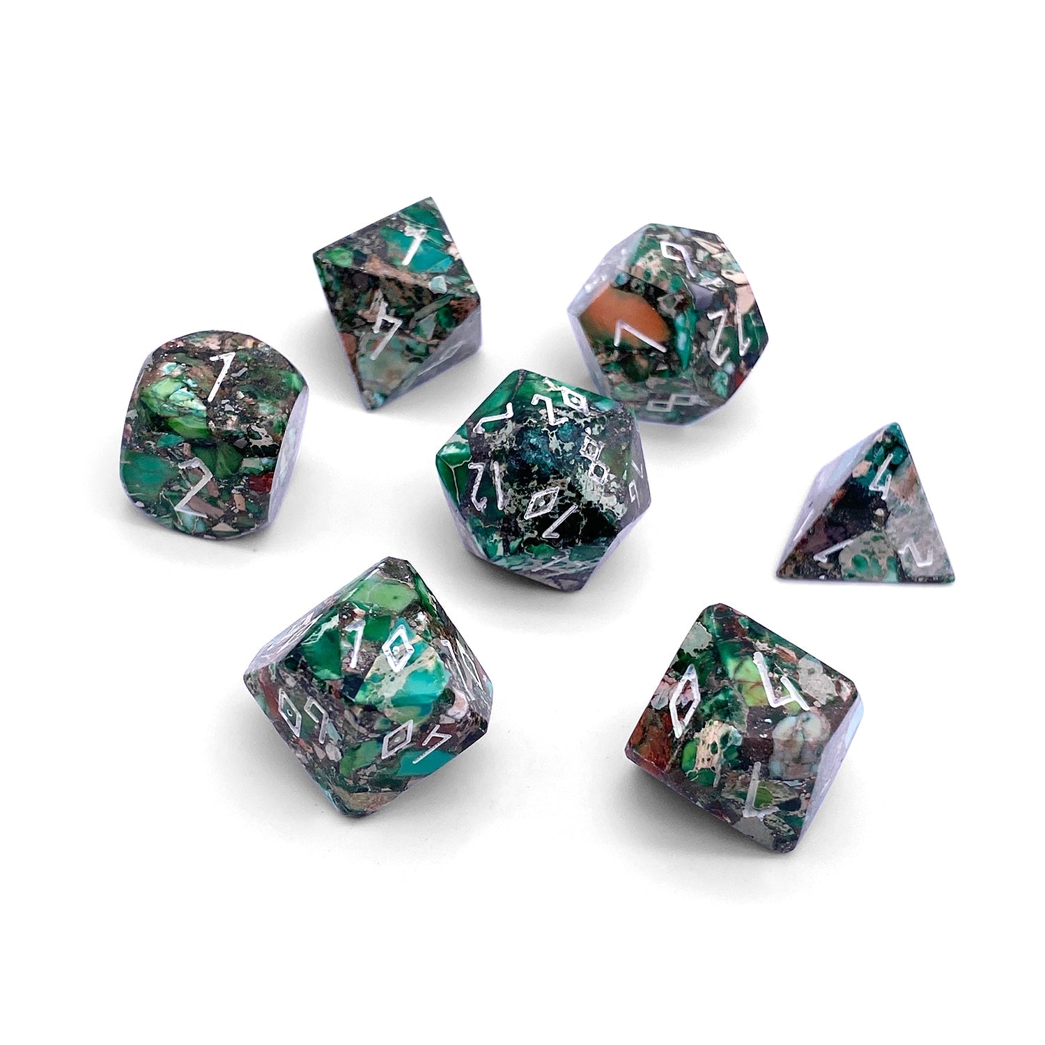Pyrite Green Imperial Jasper - 7 Piece RPG Set TruStone Dice-TruStone Dice-Norse Foundry-Gemstone Dice-Dungeons & Dragons Dice-Gem Dice-DnD Dice-Gaming Dice-Perfect for Tabletop RPGs-Dice Set