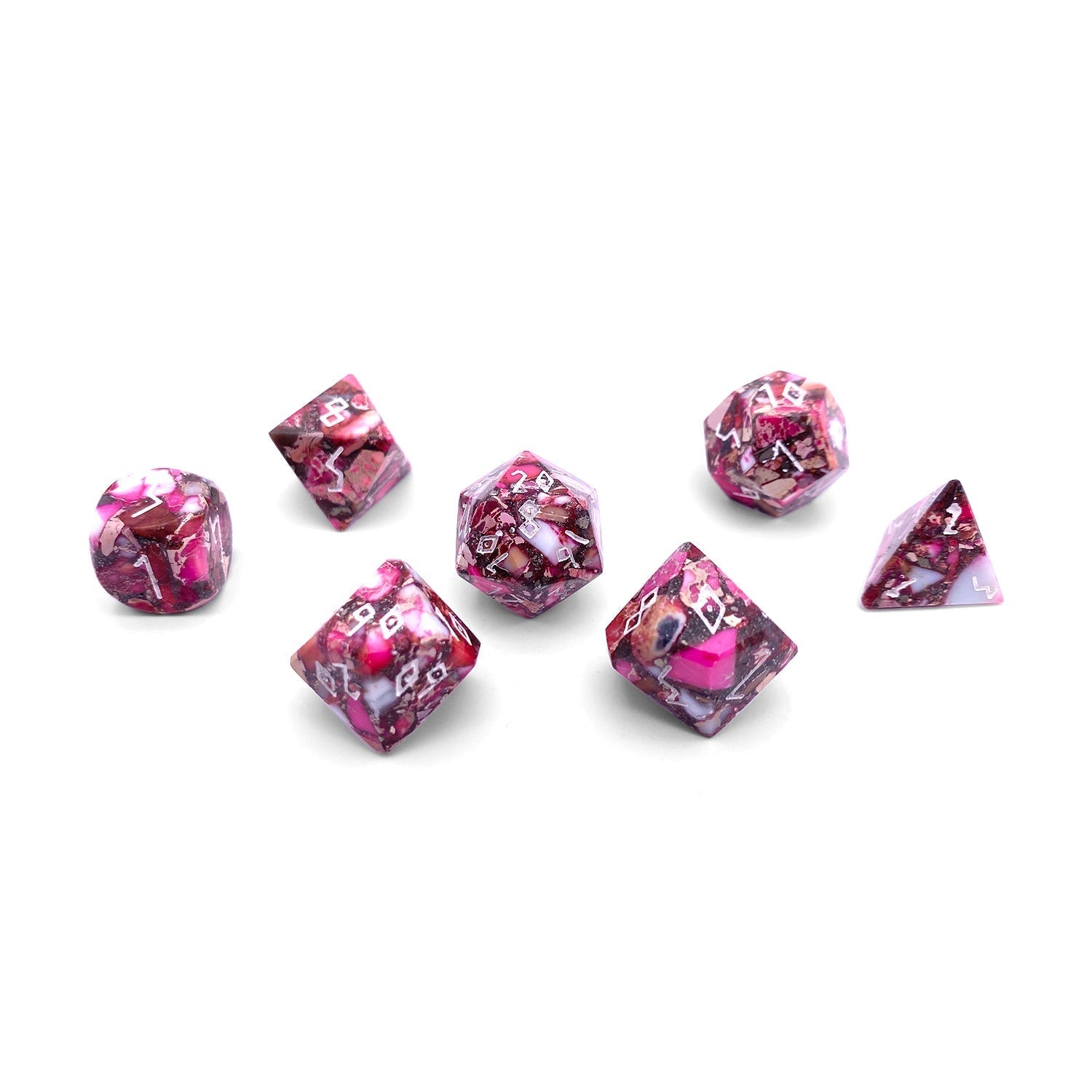 Pyrite Red Imperial Jasper - 7 Piece RPG Set TruStone Dice-TruStone Dice-Norse Foundry-Gemstone Dice-Dungeons and Dragons Dice-Gem Dice-DND Dice-Gaming Dice-Perfect for Tabletop RPGs-Dice Set