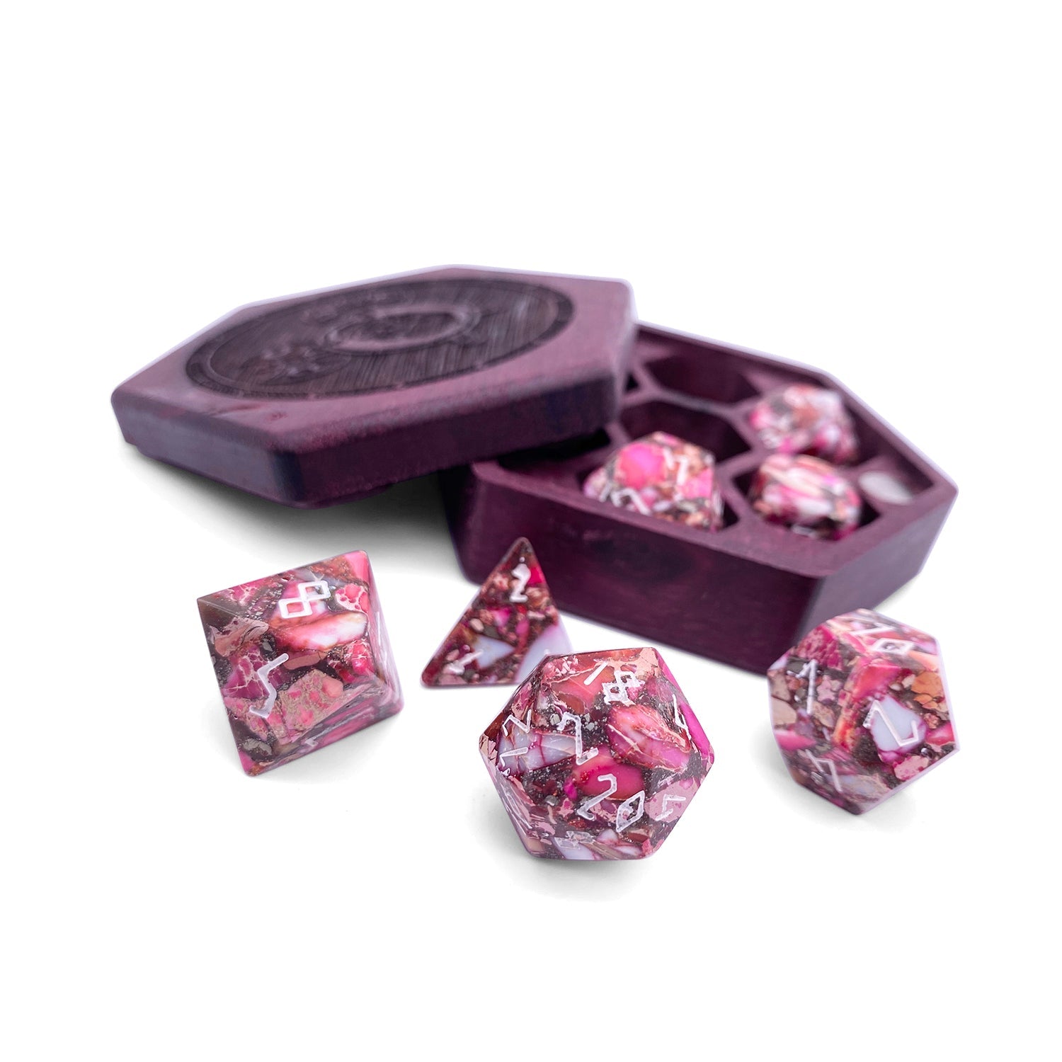 Pyrite Red Imperial Jasper - 7 Piece RPG Set TruStone Dice-TruStone Dice-Norse Foundry-Gemstone Dice-Dungeons and Dragons Dice-Gem Dice-DND Dice-Gaming Dice-Perfect for Tabletop RPGs-Dice Set
