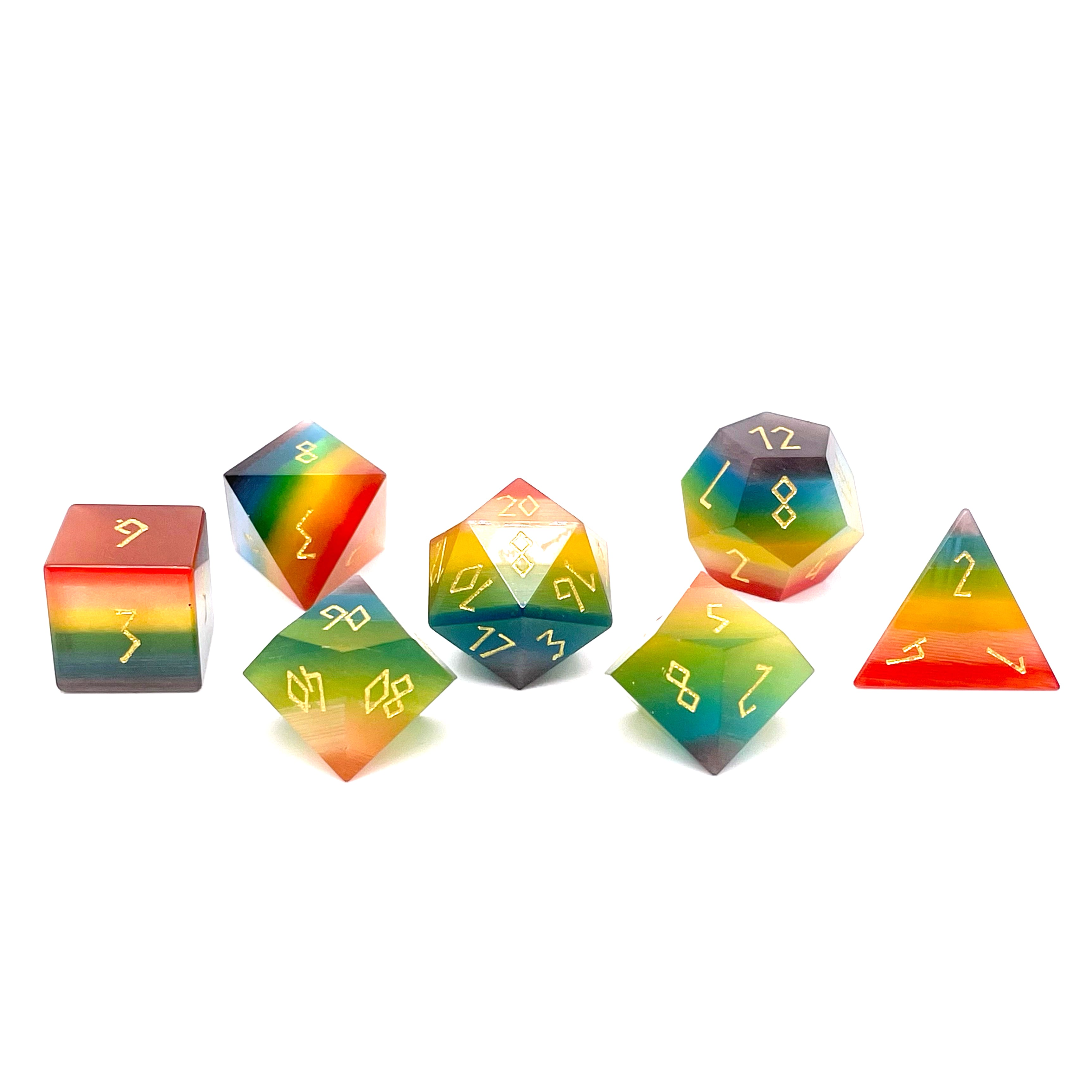 Rainbow Cats Eye - 7 Piece RPG Set Glass Dice-Glass Dice-Norse Foundry-Norse Foundry-cat's eye glass dice-dungeons & dragons-d&d dice set-rpg dice set-glass dice set-d&d-perfect for tabletop rpgs