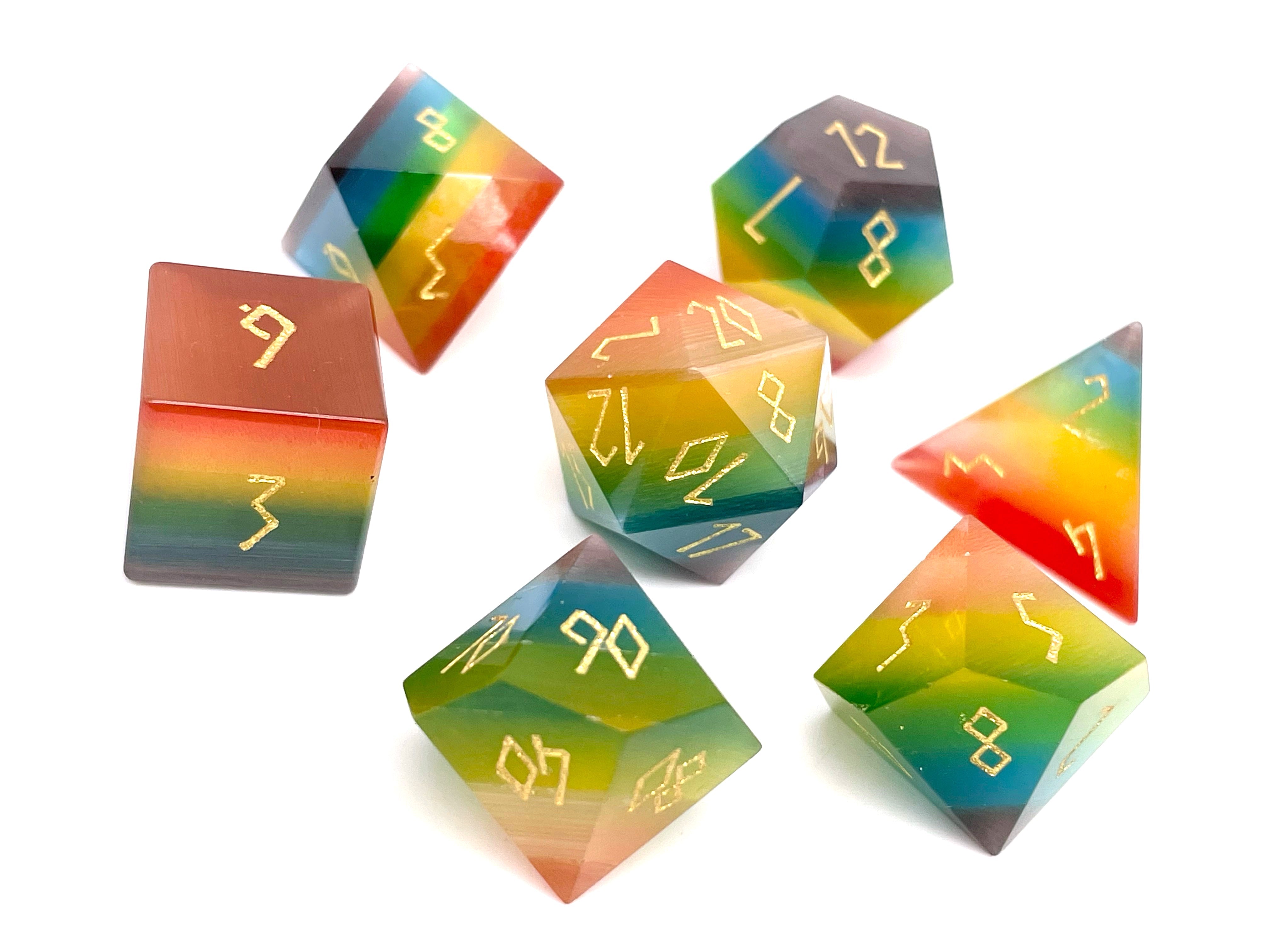 Rainbow Cats Eye - 7 Piece RPG Set Glass Dice-Glass Dice-Norse Foundry-Norse Foundry-cat's eye glass dice-dungeons & dragons-d&d dice set-rpg dice set-glass dice set-d&d-perfect for tabletop rpgs
