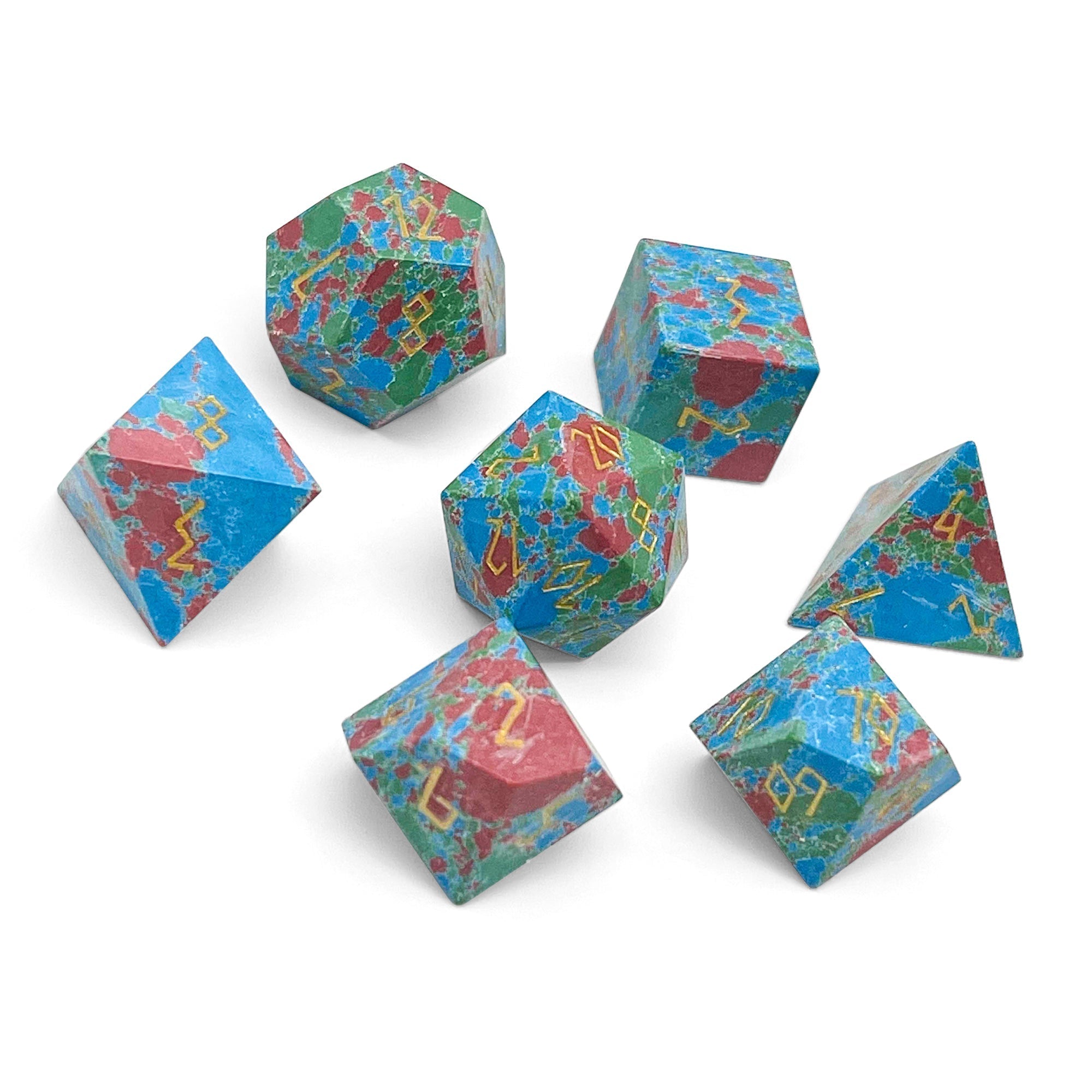 Red, Green, and Blue Splotted Turquoise - 7 Piece RPG Set TruStone Dice-TruStone Dice-Norse Foundry-Gemstone Dice-Dungeons & Dragons Dice-Gem Dice-DnD Dice-Gaming Dice-Perfect for Tabletop RPGs-Dice Set