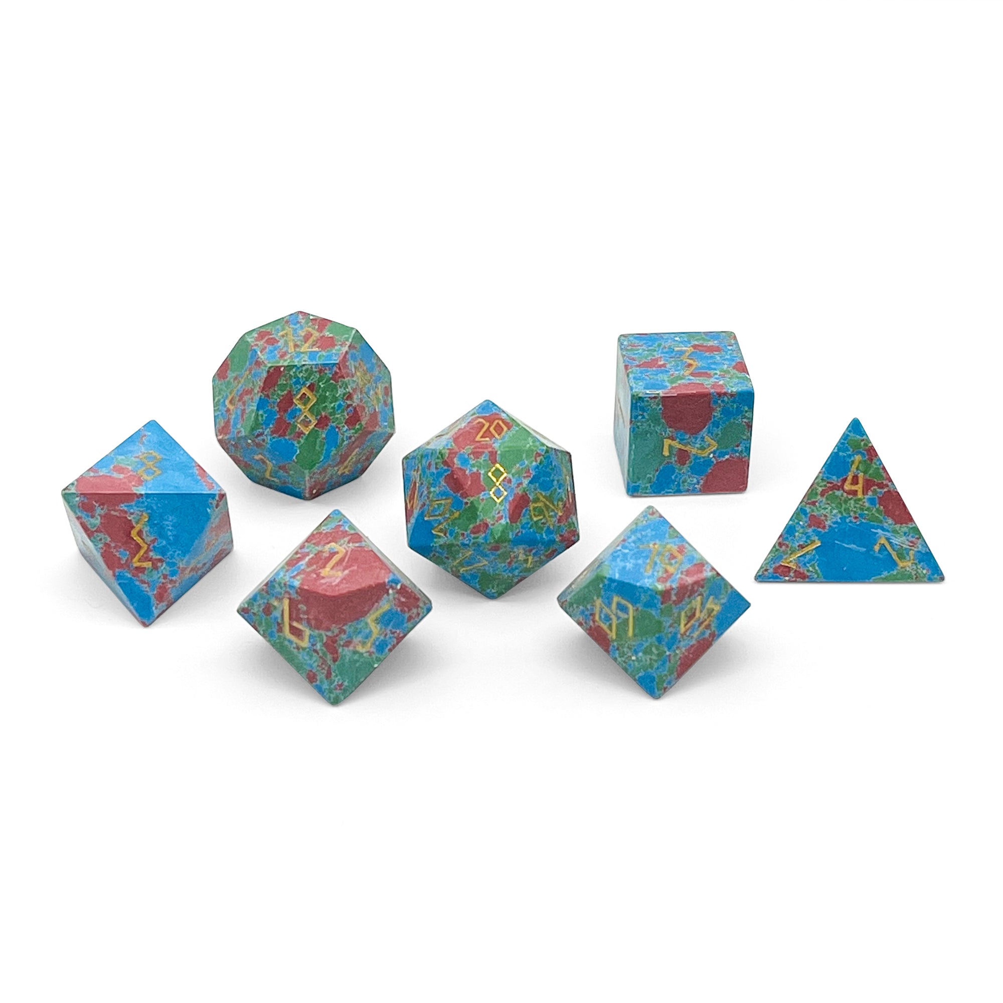 Red, Green, and Blue Splotted Turquoise - 7 Piece RPG Set TruStone Dice-TruStone Dice-Norse Foundry-Gemstone Dice-Dungeons and Dragons Dice-Gem Dice-DND Dice-Gaming Dice-Perfect for Tabletop RPGs-Dice Set