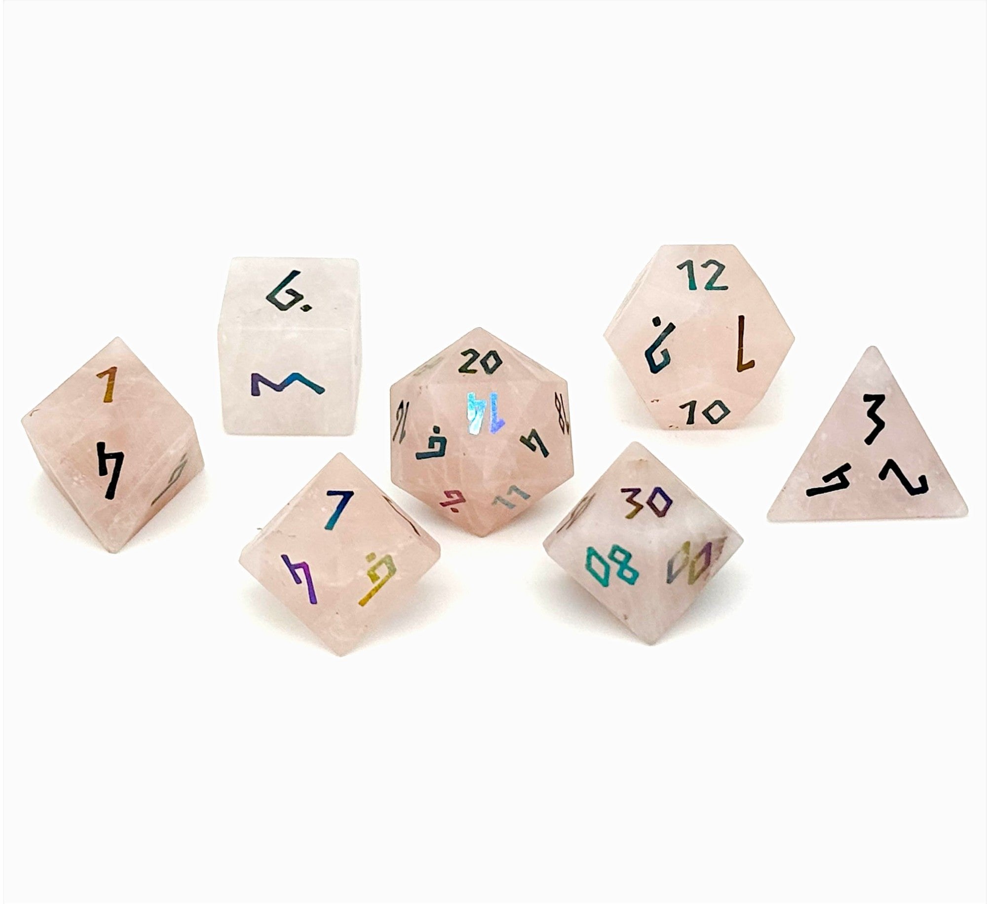 Rose Quartz - Raised Holographic 7 Piece RPG Set Gemstone Dice-Gemstone Dice-Norse Foundry-Gemstone Dice-Dungeons & Dragons Dice-Gem Dice-DnD Dice-Gaming Dice-Perfect for Tabletop RPGs-Dice Set