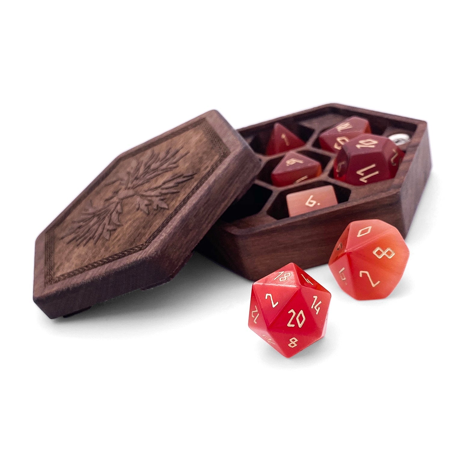 Ruby Cats Eye - 7 Piece RPG Set Glass Dice-Glass Dice-Norse Foundry-Norse Foundry-cat's eye glass dice-dungeons & dragons-d&d dice set-rpg dice set-glass dice set-d&d-perfect for tabletop rpgs