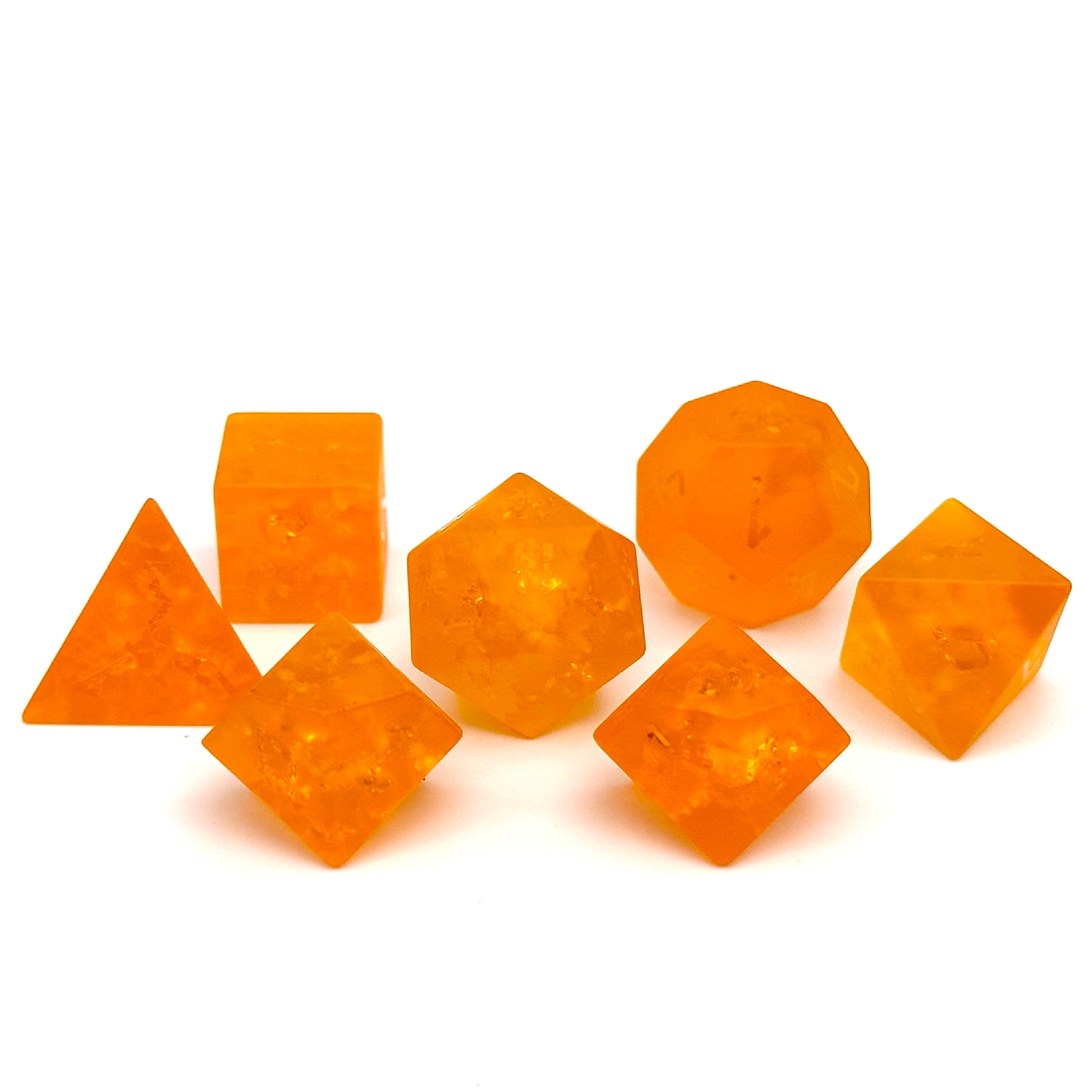 Shattered Frosted Zircon Orange - Raised-Glass Dice-Norse Foundry-Norse Foundry-zircon glass dice-dungeons & dragons-d&d dice set-rpg dice set-glass dice set-d&d-perfect for tabletop rpgs