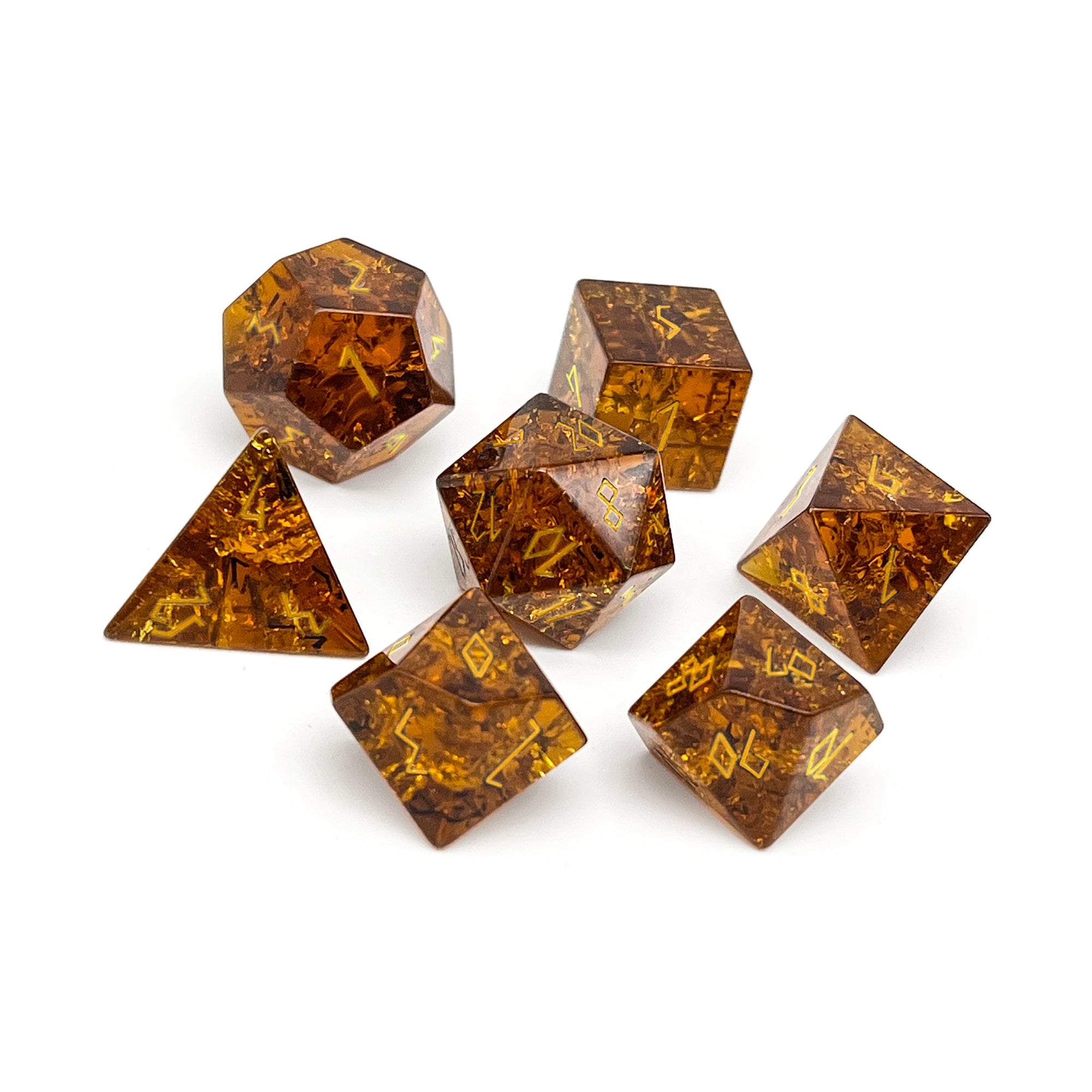 Shattered Zircon Amber Citrine - 7 Piece RPG Set Zircon Glass Dice-Glass Dice-Norse Foundry-Norse Foundry-zircon glass dice-dungeons & dragons-d&d dice set-rpg dice set-glass dice set-d&d-perfect for tabletop rpgs