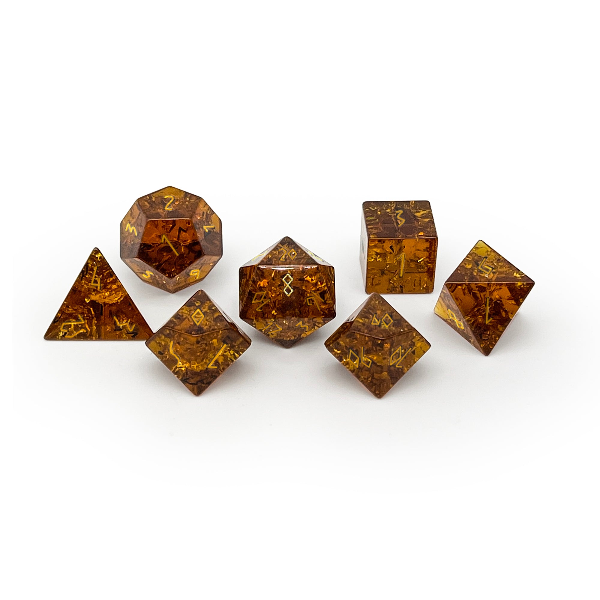 Shattered Zircon Amber Citrine - 7 Piece RPG Set Zircon Glass Dice-Glass Dice-Norse Foundry-Norse Foundry-zircon glass dice-dungeons & dragons-d&d dice set-rpg dice set-glass dice set-d&d-perfect for tabletop rpgs