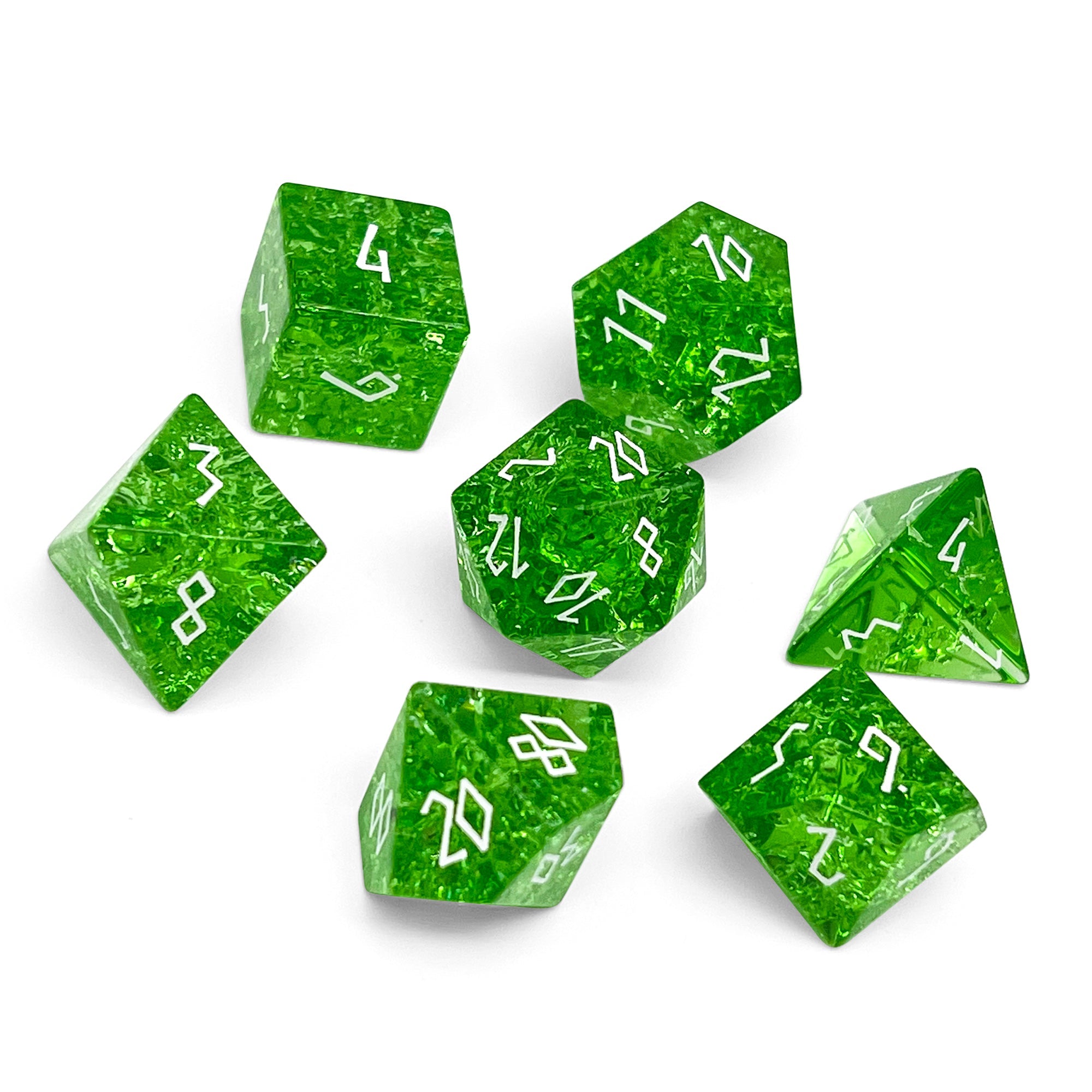 Shattered Zircon Emerald - White Font 7 Piece RPG Set Zircon Glass Dice-Glass Dice-Norse Foundry-Norse Foundry-zircon glass dice-dungeons & dragons-d&d dice set-rpg dice set-glass dice set-d&d-perfect for tabletop rpgs