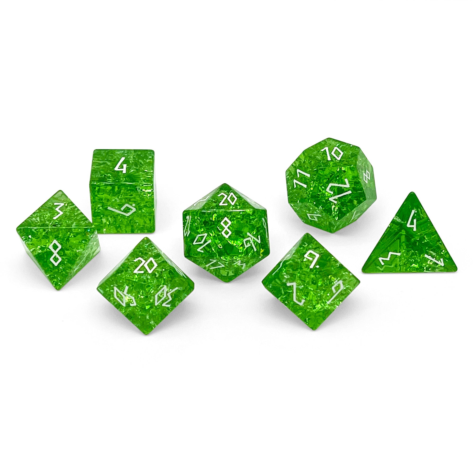 Shattered Zircon Emerald - White Font 7 Piece RPG Set Zircon Glass Dice-Glass Dice-Norse Foundry-Norse Foundry-zircon glass dice-dungeons & dragons-d&d dice set-rpg dice set-glass dice set-d&d-perfect for tabletop rpgs