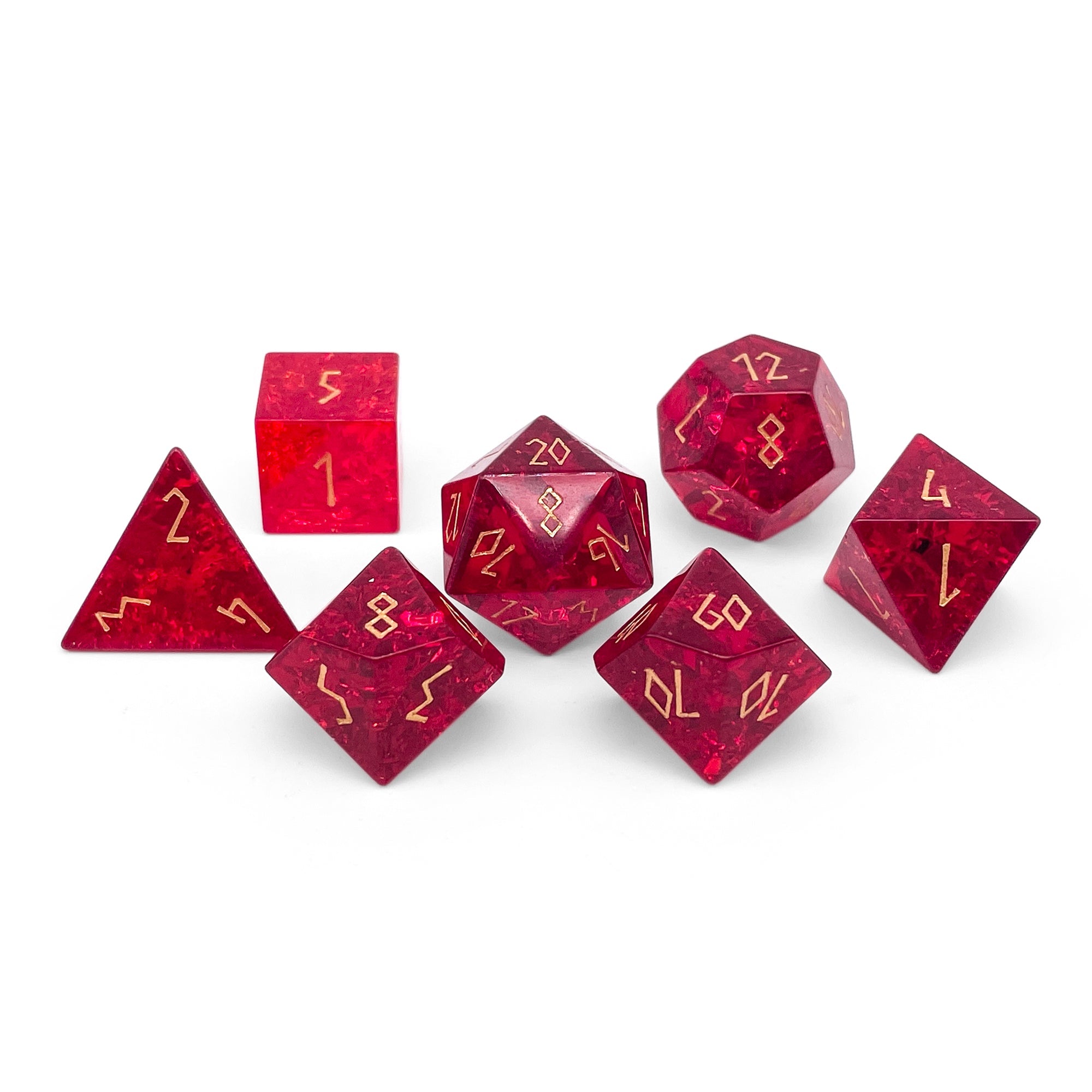 Shattered Zircon Garnet - 7 Piece RPG Set Zircon Glass Dice-Glass Dice-Norse Foundry-Norse Foundry-zircon glass dice-dungeons & dragons-d&d dice set-rpg dice set-glass dice set-d&d-perfect for tabletop rpgs